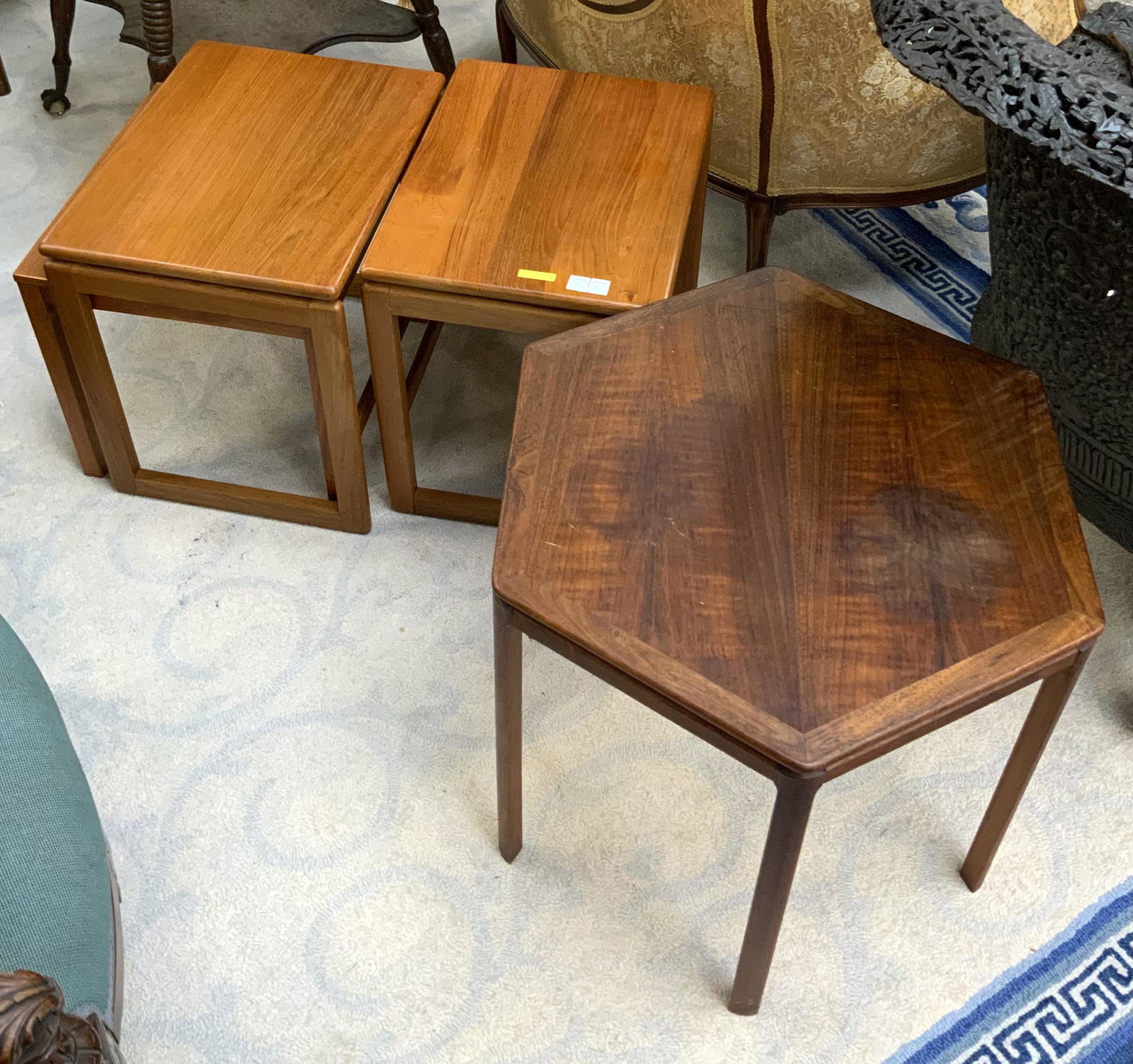 Lot of 4 Small Teak Mid-Century Tables.: One is Marked Selig, Denmark. Third-Party Freight Shipping or Personal Pickup Required.