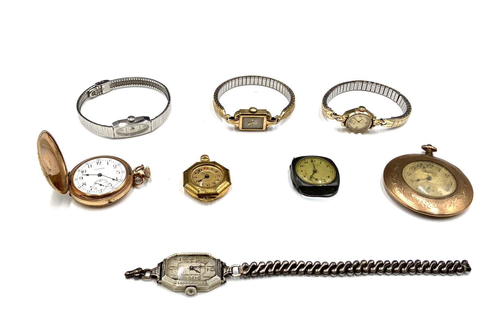 Lot of Assorted Vintage Watches & Pocketwatches.: Working Condition on these is not Known. The Waltham Pocketwatch has a Cracked Crystal. The Ladies' Watches are Elgin, Wittnauer Geneve, Waltham, and Bulova.