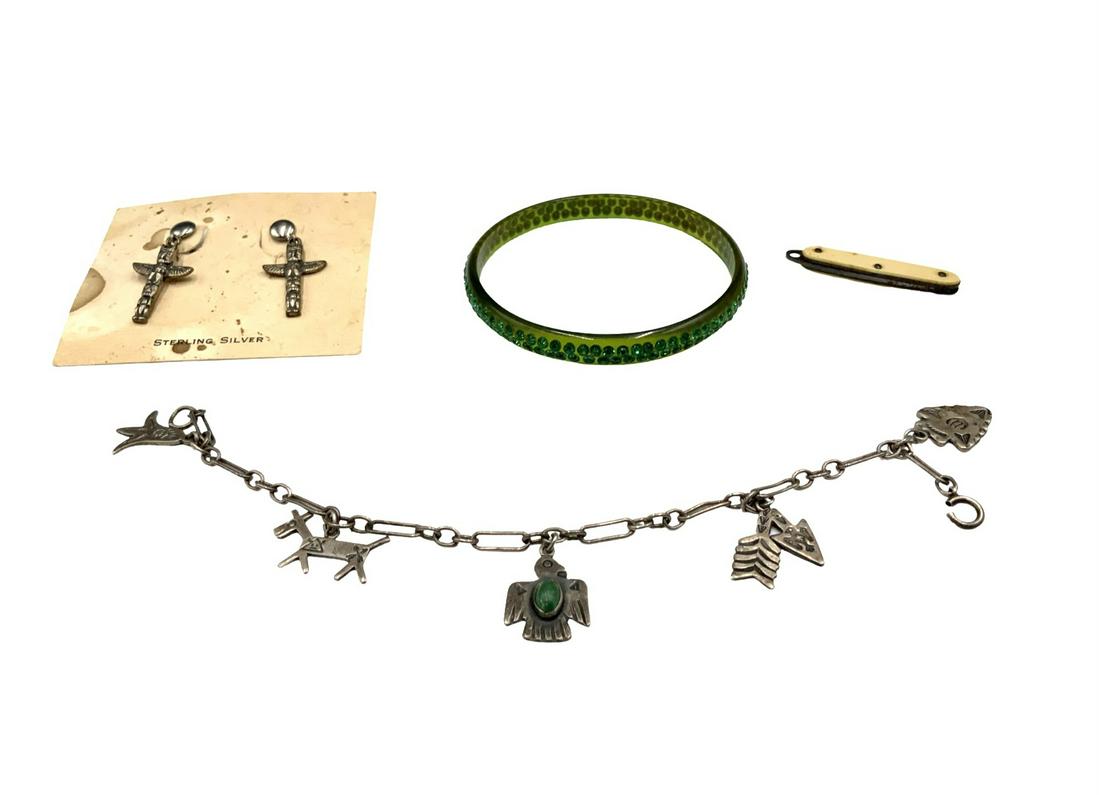 Lot of Assorted Jewelry / Small Items.: Includes: a Pair of Native American Sterling Silver Totem Pole Earrings (Totem Pole Measures appx. 1" Long), a Native American Sterling Silver Bracelet (7 1/2" Long, needs a New Clasp), a Miniature Po