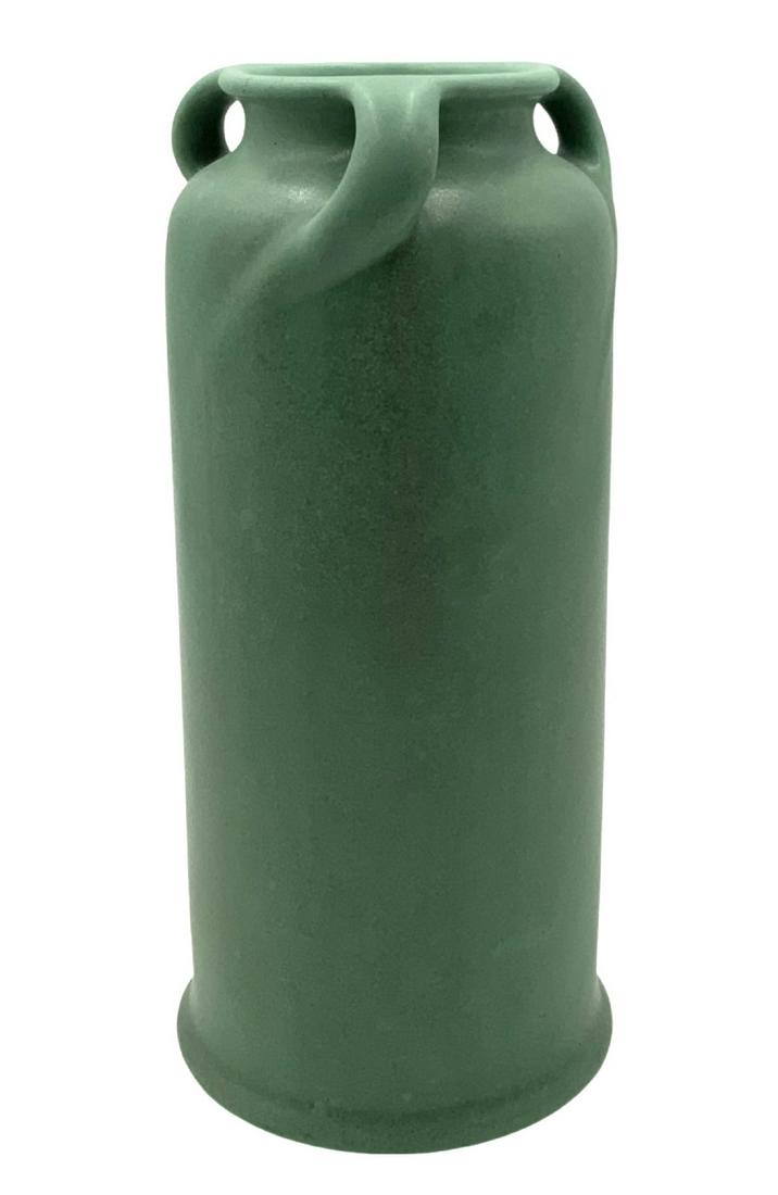 Large and Rare Teco Vase #284, W.B. Mundie Design.: Matte Green Glaze. An Unusual Form, With 3 Handles. With Two Impressed Teco Marks Underneath. In Excellent Condition. Measures 11 1/4" Tall and 5" in Diameter. Third-Party Shipping or Personal Pickup