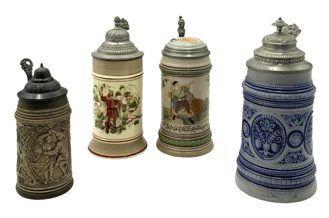 Lot of 4 Assorted German Beer Steins.: An Archery-Themed Mettlach-Style Stein (8" Tall, has a 2" Hairline Crack, Running Down from the Rim), A Stein with a King Holding Up Beer in a Glass (9 1/4" Tall), a Stein with a Man and a Woman Danci