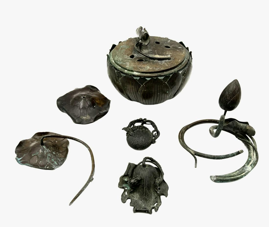 Old Bronze Asian Censer, As Is, In Pieces.: With a Lilly Pad Design. The Main Censer Pot Measures 4 3/4" Tall and 7 1/4" in Diameter. Third-Party Shipping or Personal Pickup Required.