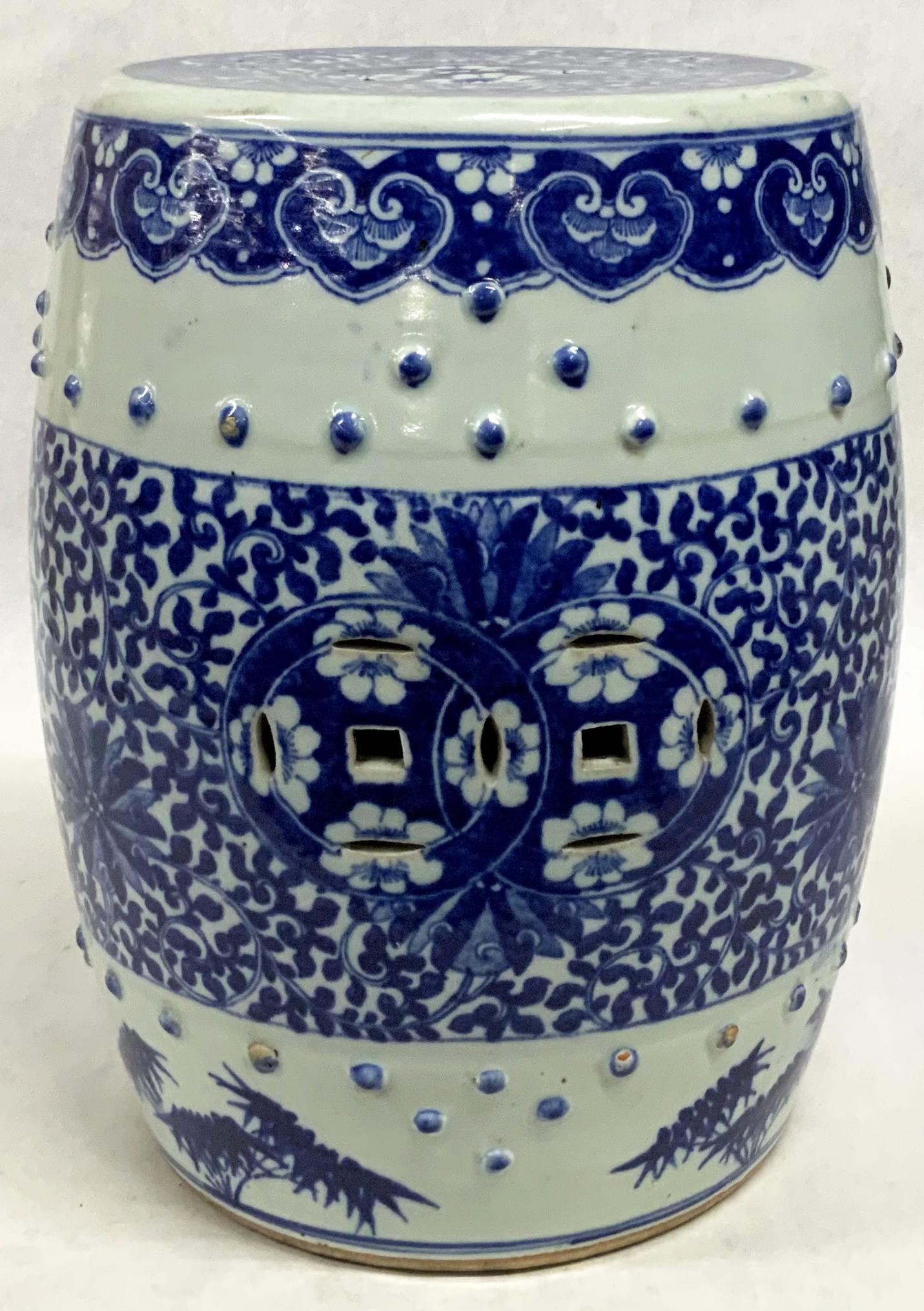 Old Blue & White Chinese Porcelain Garden Seat.: Has a 7" Long Crack near the Base. Also, some Wear due to Use and Age (In Particular, the Round Knob Surfaces on the Sides of the Garden Seat). Measures 17 1/2" Tall and 13" in Diameter. Third-Party S