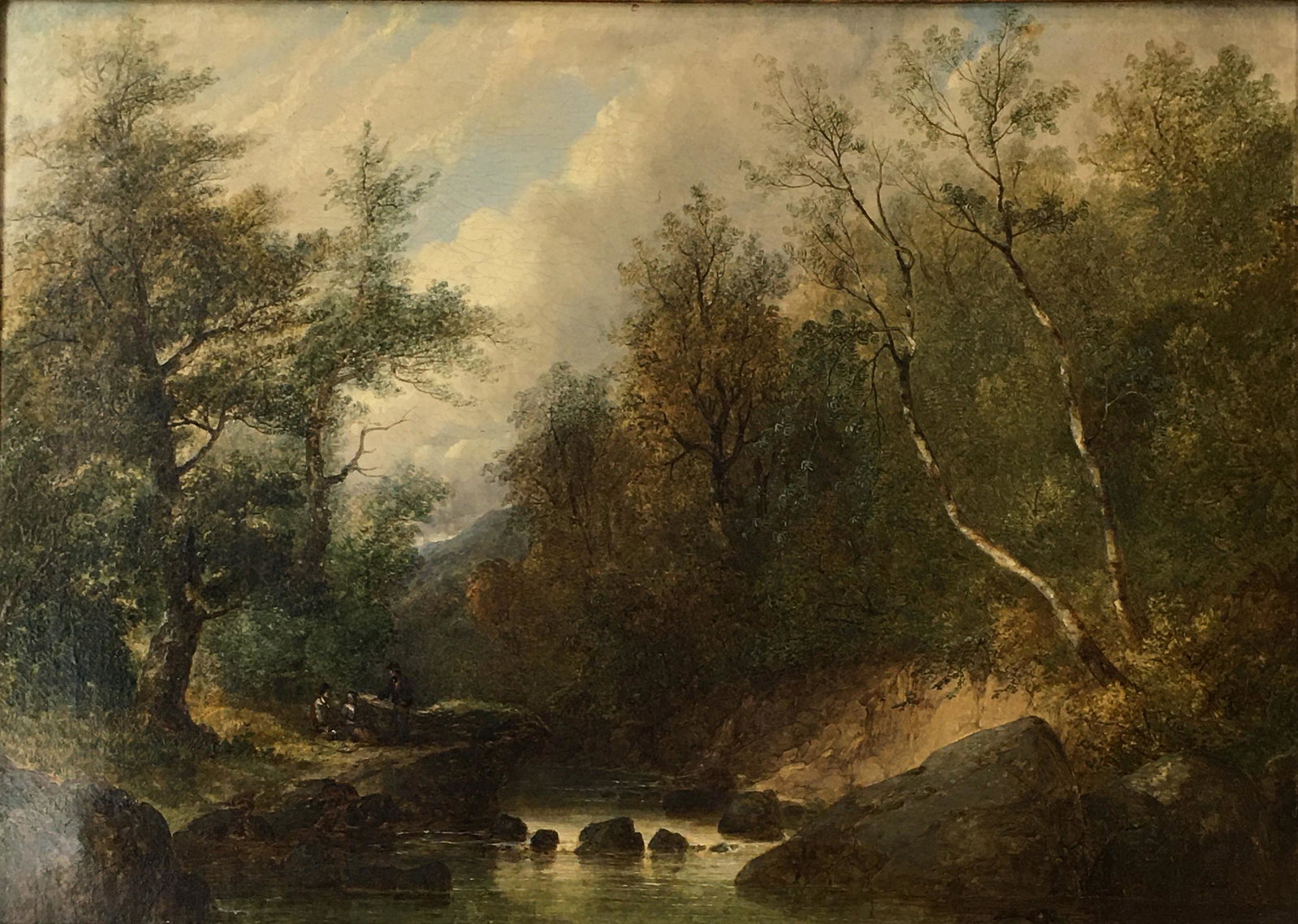 James Poole Painting, River Scene with Figures.: Oil on Canvas, Signed Lower Left. Painting is in Very Good Condition, with a Fine, Even Crazing to the Paint. Ornately Framed. With a Tag from Marshall Fields en Verso. The Painting Measures 16" x 22"