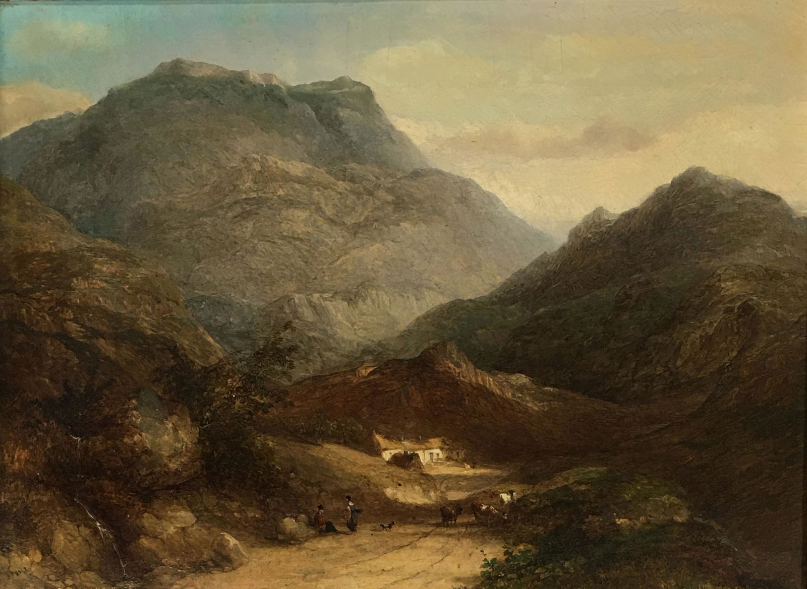 James Poole Painting, Mountain Scene with Figures.: Oil on Canvas, Signed Lower Left. Painting is in Good Condition, with Some Crazing to the Paint. Ornately Framed. With a Tag from Marshall Fields en Verso. The Painting Measures 16" x 22". The Frame M