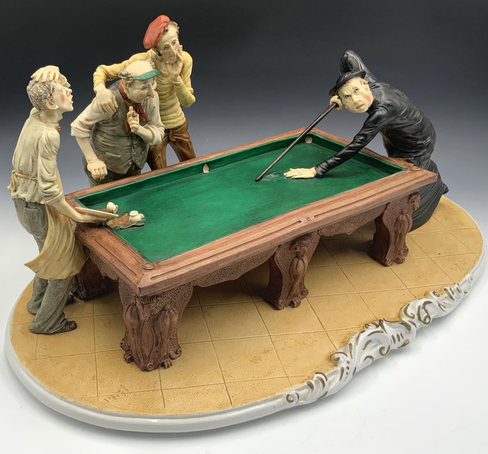 Capodimonte Figural Grouping of Men Playing Pool.: Looks to be faintly signed with artist's initials. Base is 22" x 12", height is 11". No cracks or chips noted, but two of the men are missing their pool cues. Third-Party Shipping or Personal Pickup R