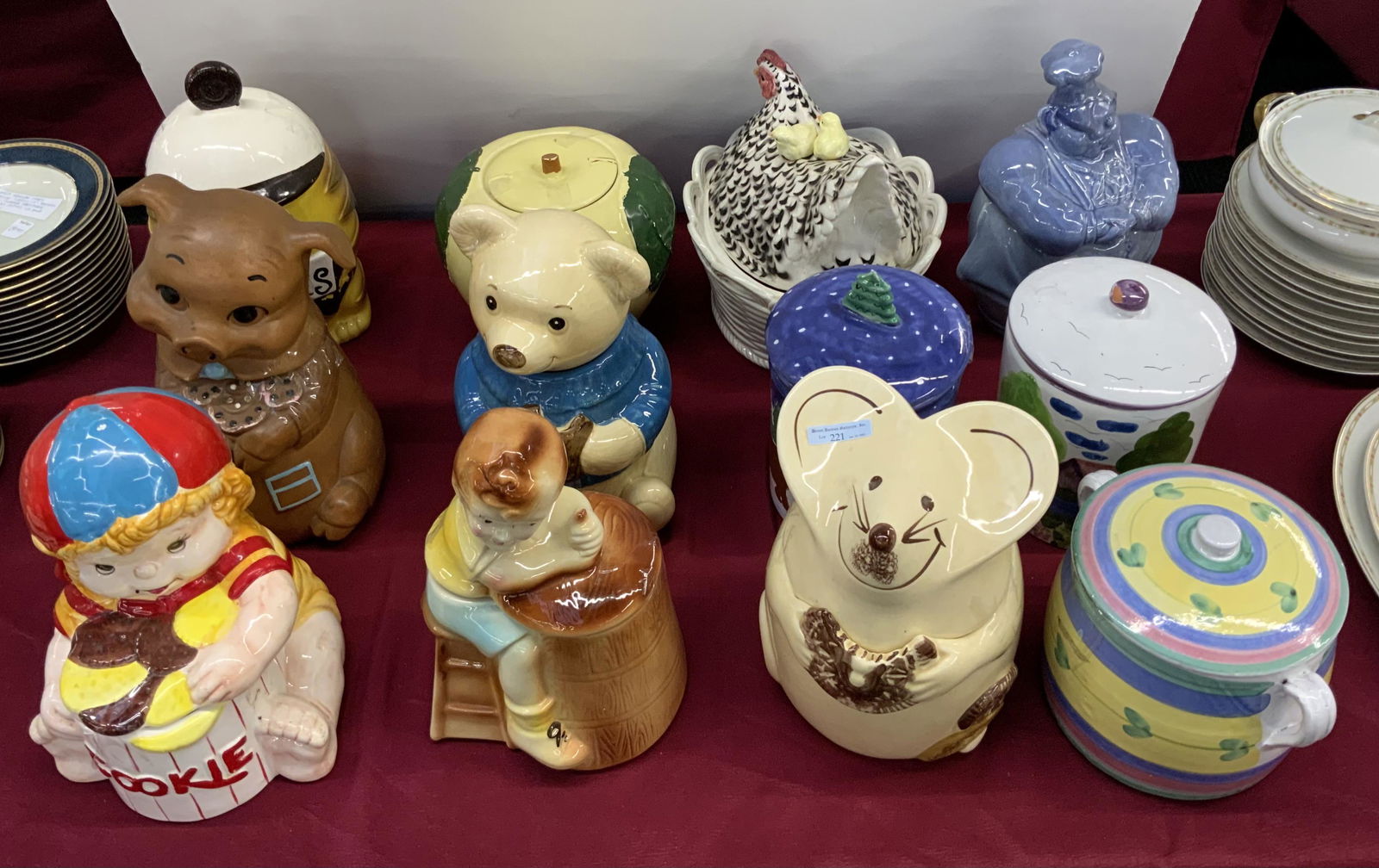 Collection of 11 Cookie Jars and Hen Tureen.: 8 of the Cookie Jars are Vintage. The Pig is Marked Twin Winton, the Bear is Marked Metlox, and the Chef is Marked Redwing. These are in Good Shape, at least from the Exterior (Most of the Lids are Ta