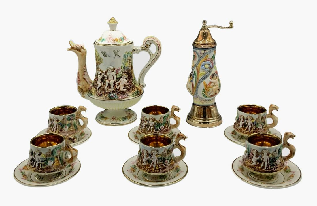 Capodimonte Chocolate Set and Pepper Grinder.: 4 of the Espresso Cups have Flea Bites on the Dragon Handles (More Easily Felt than Seen). Some of the Saucers have a Tiny Bit of Wear to them, Otherwise Everything seems to be in Good Condition. The 