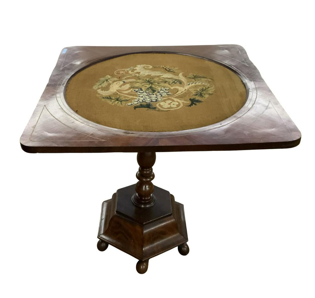 Antique Tilt-Top Table with Needlepoint Top.: Seems to need some Adjusting, as the Top is not Currently Level. The Top Measures 30 3/8" Square. Has Minor Wear / Damage, Commensurate with Age. Third-Party Freight Shipping or Personal Pickup Requir