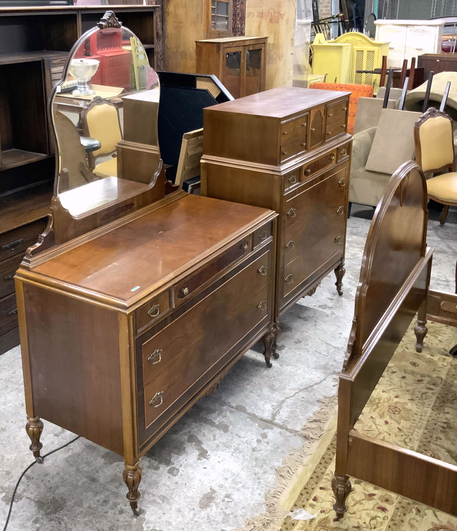 Vintage 3 Pc. Walnut Bedroom Set.: Consists of a Bed, Highboy, and Dresser with Mirror. There is a Tiny Chunk of Wood Missing from the Top of the Bed, and the Highboy has Damage on Either Side of it (See Photos). Third-Party Freight Sh
