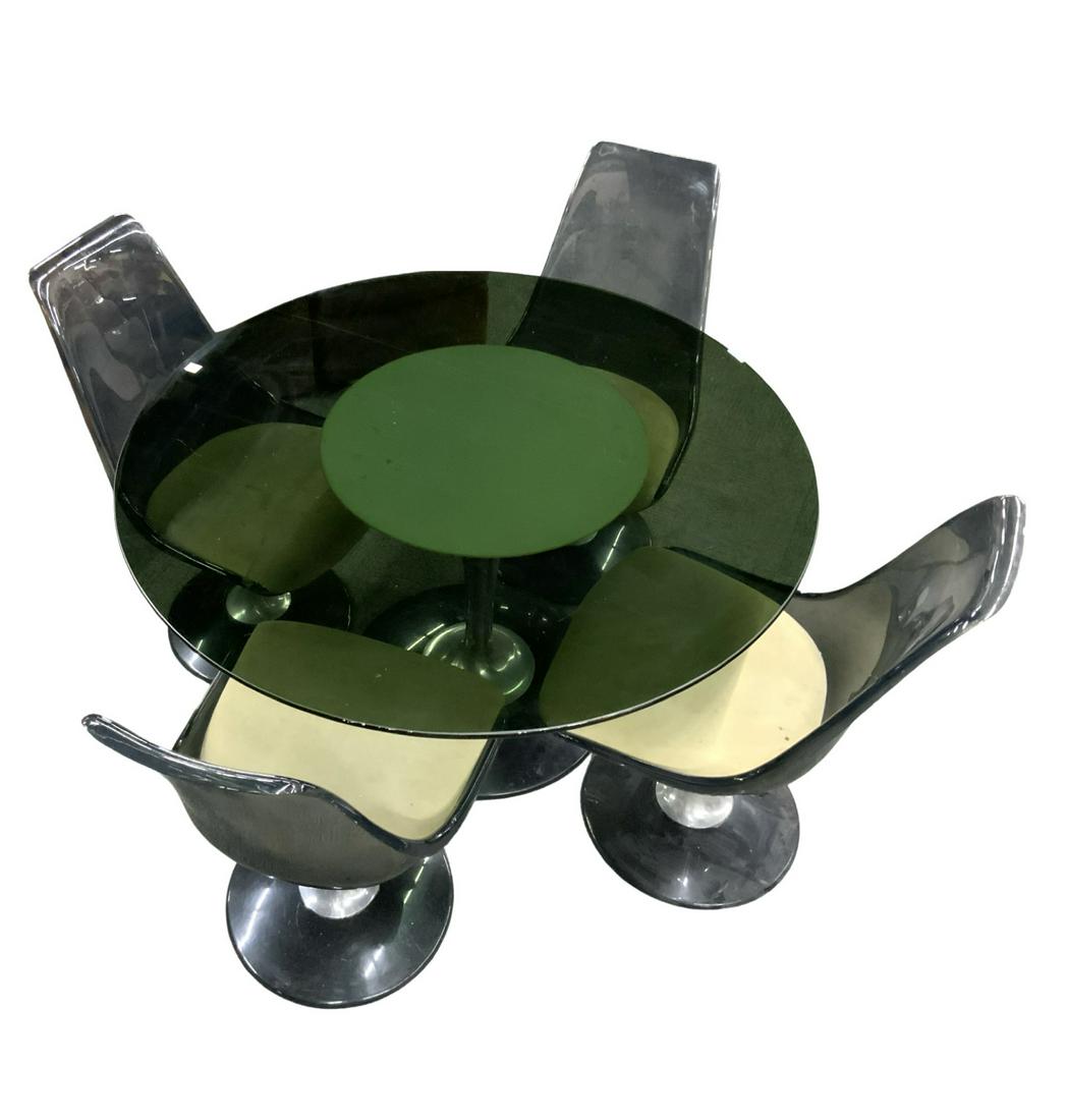 Chromcraft Smoke Lucite Table & 4 Chairs Set.: Mid-Century. The Chairs have Some Scratches, Scuffs and Minor Damage on them. The Chairs also have some Stains on the Upholstery. The Set is Clearly Used - The Table Top Looks Really Nice. All 4 Chair