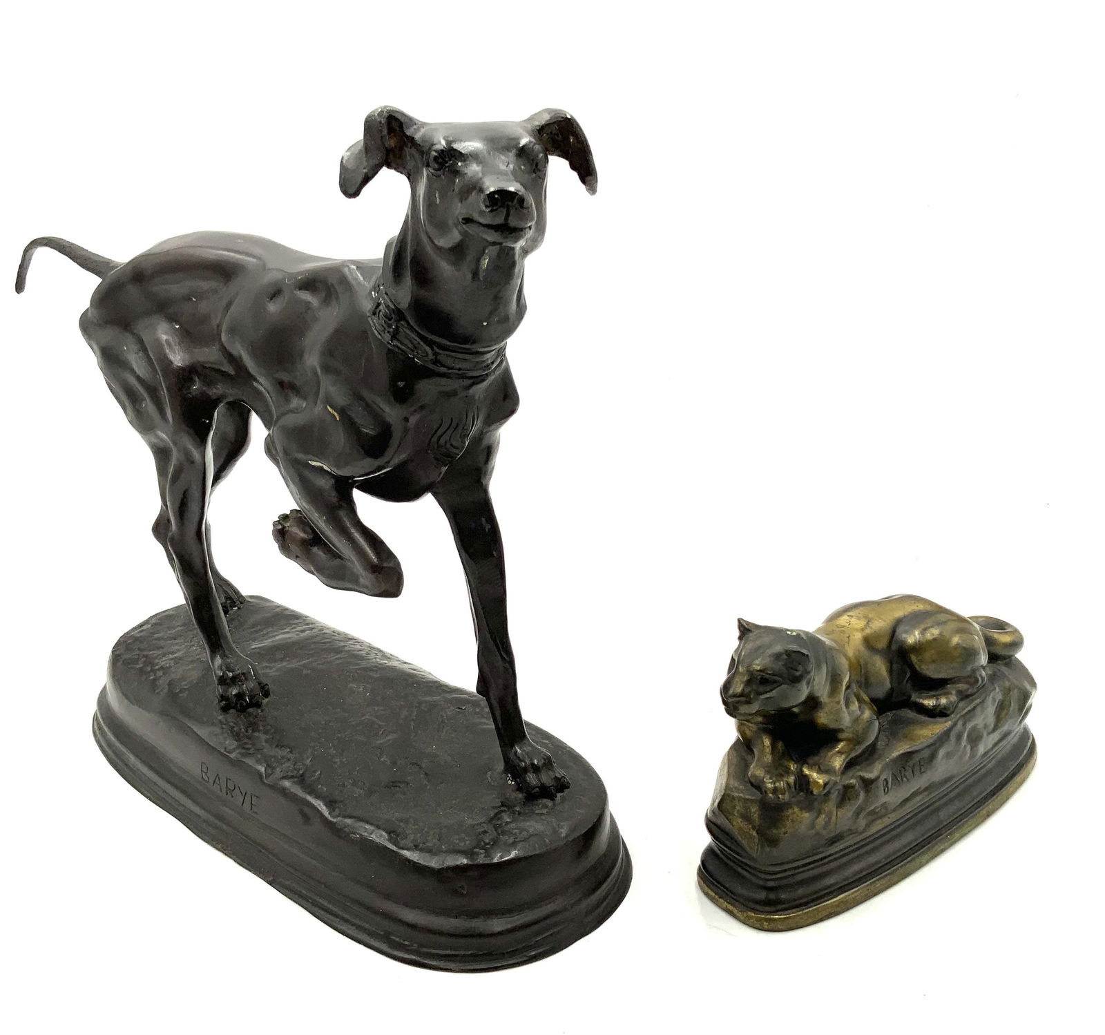 Lot: 2 Barye Metal Animal Figures - One is Bronze.: Includes a Bronze Pointer Dog, 11 1/4" Tall and 11 1/4" Wide. Also included is a Cast Metal Sculpture of a Lion or Panther, 4 1/2" Tall and 7 1/2" Wide. Third-Party Shipping or Personal Pickup Require