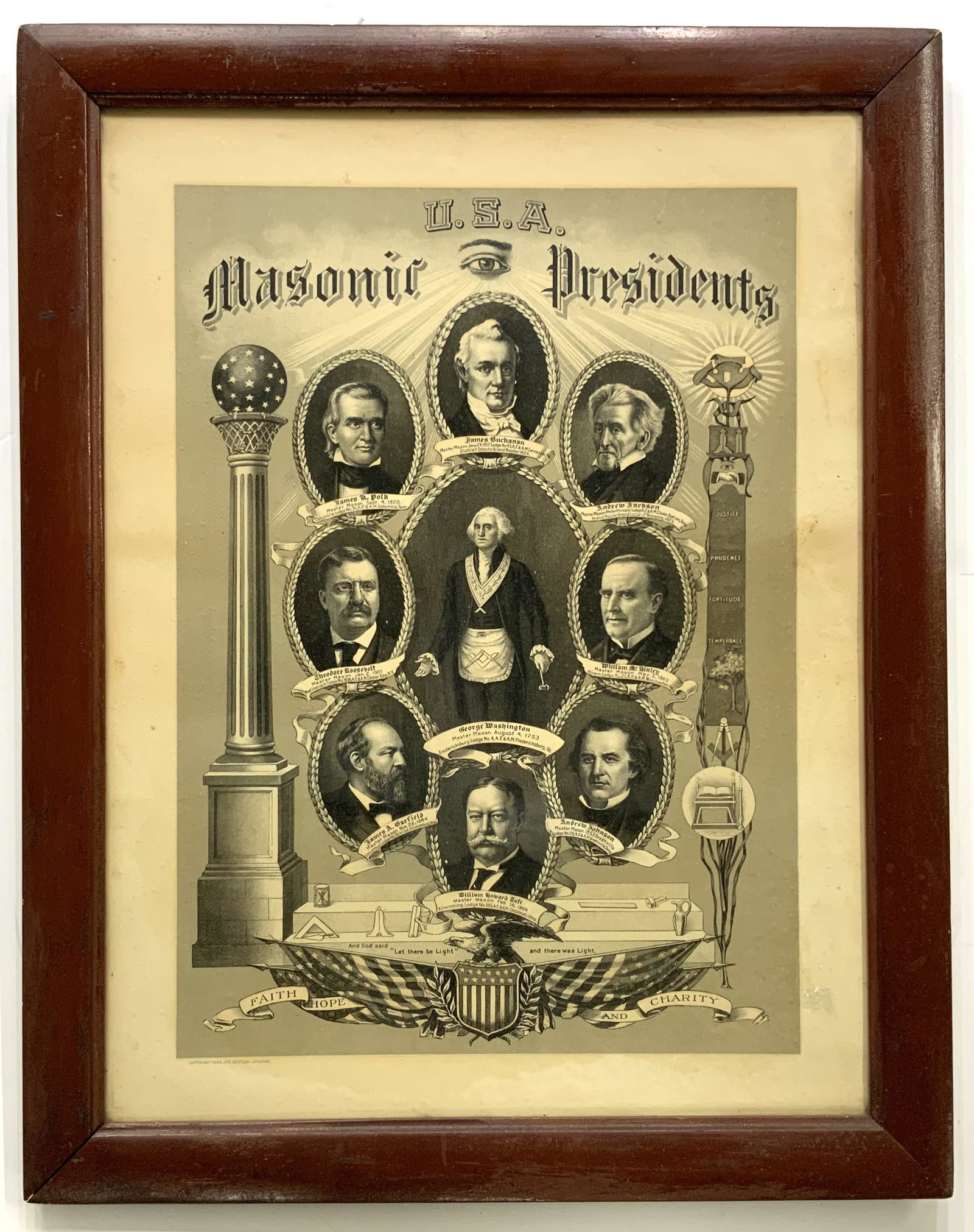 United States USA "Masonic Presidents" Poster.: A Very Old Print / Poster, Framed, and Copyrighted 1909 by Joseph Deutsch, Chicago. With George Washington in the Center, and 8 Other Presidents who were also Masons. Each portrait has the date and lo