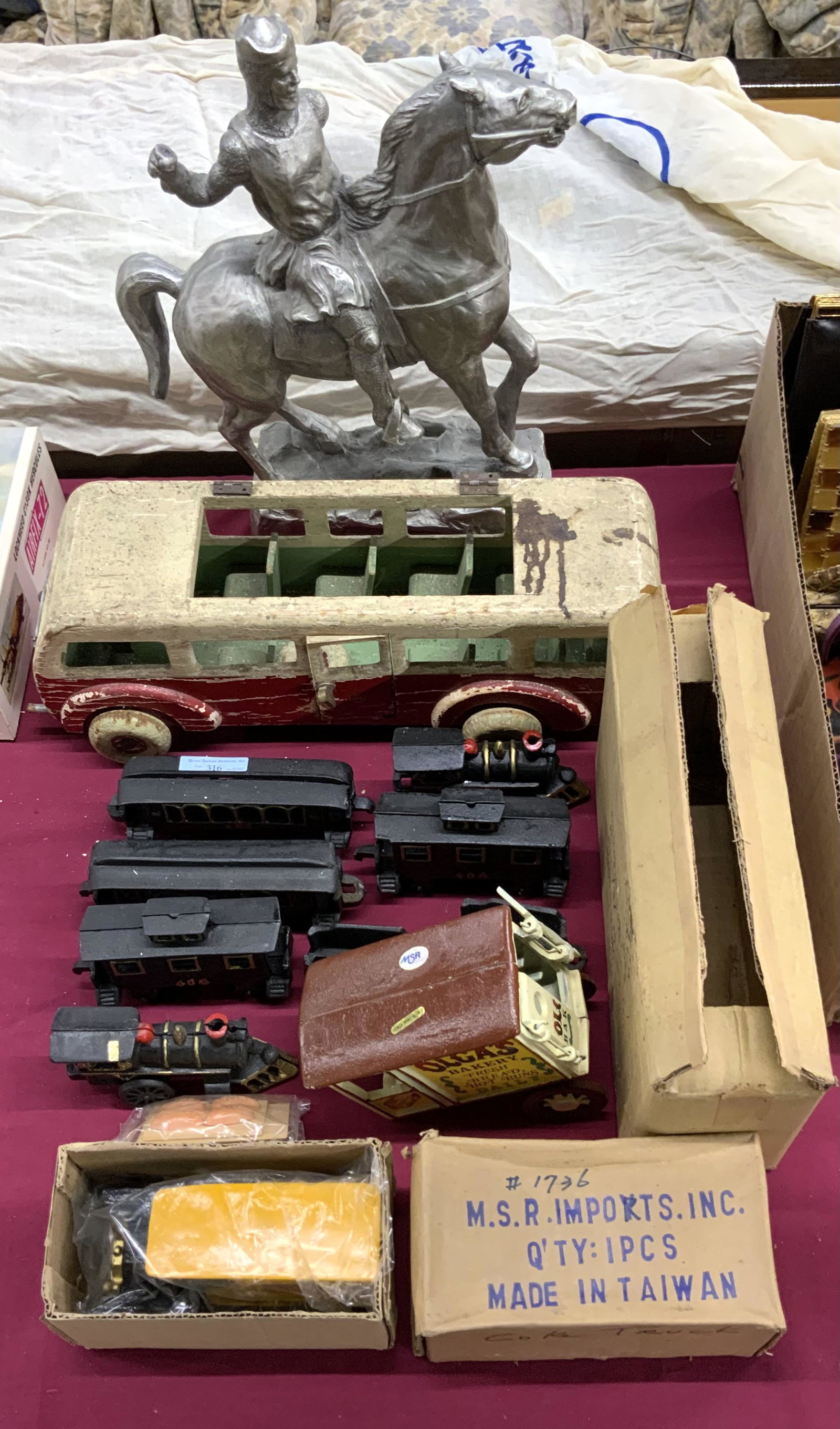 Lot: Cast Iron Toy Vehicles, Wood Bus, Knight.: It looks like most, if not all, of the cast iron toys are made in Taiwan. Third-Party Shipping or Personal Pickup Required.