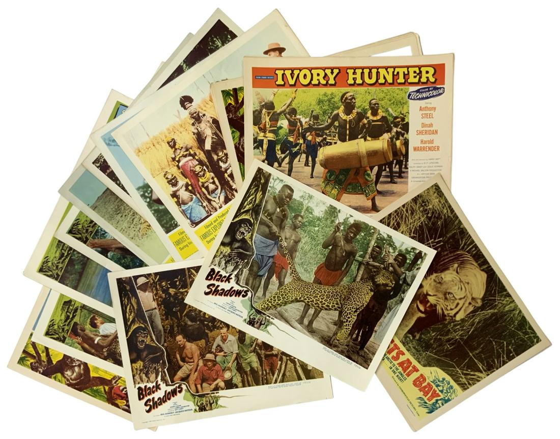 Lot of Vintage Africa-Themed Movie Lobby Cards.: Over 25 total. Some creasing/discoloration, but overall nice condition. The films are Black Shadows, Wild Beasts At Bay, Savage Africa, White Goddess, Zanzabuku, Ivory Hunter, and Tanganyika.