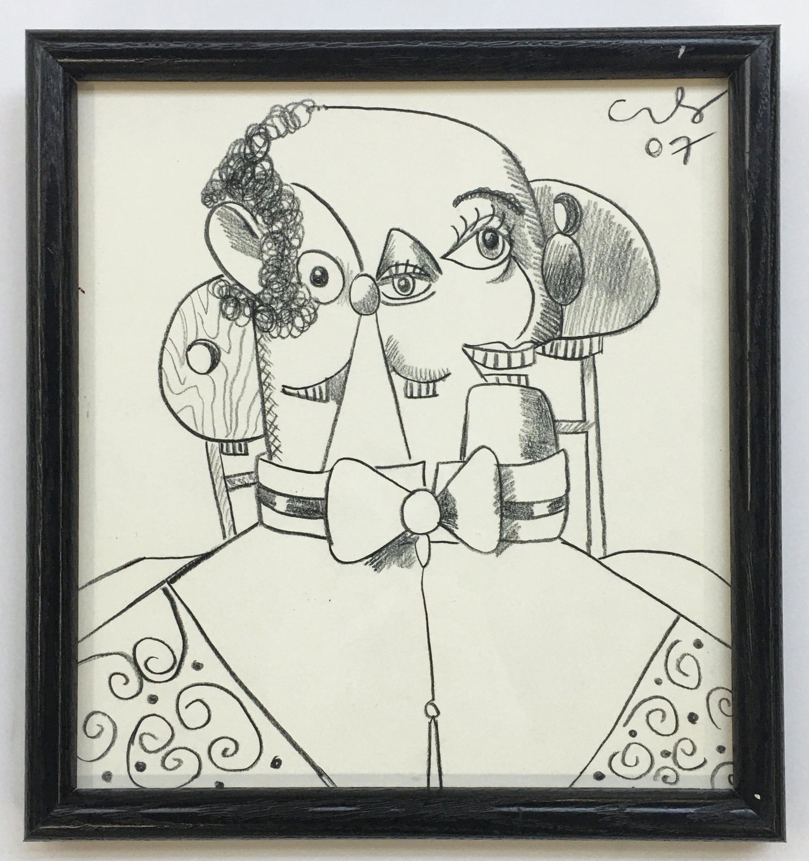 Drawing in the Manner of George Condo.: Looks to be Crayon or Graphite. Signed Upper Right and Dated 2007. The Artwork Measures 9 1/2" x 8 3/4". The Frame Measures 10 3/4" x 10". Third-Party Shipping or Personal Pickup Required.