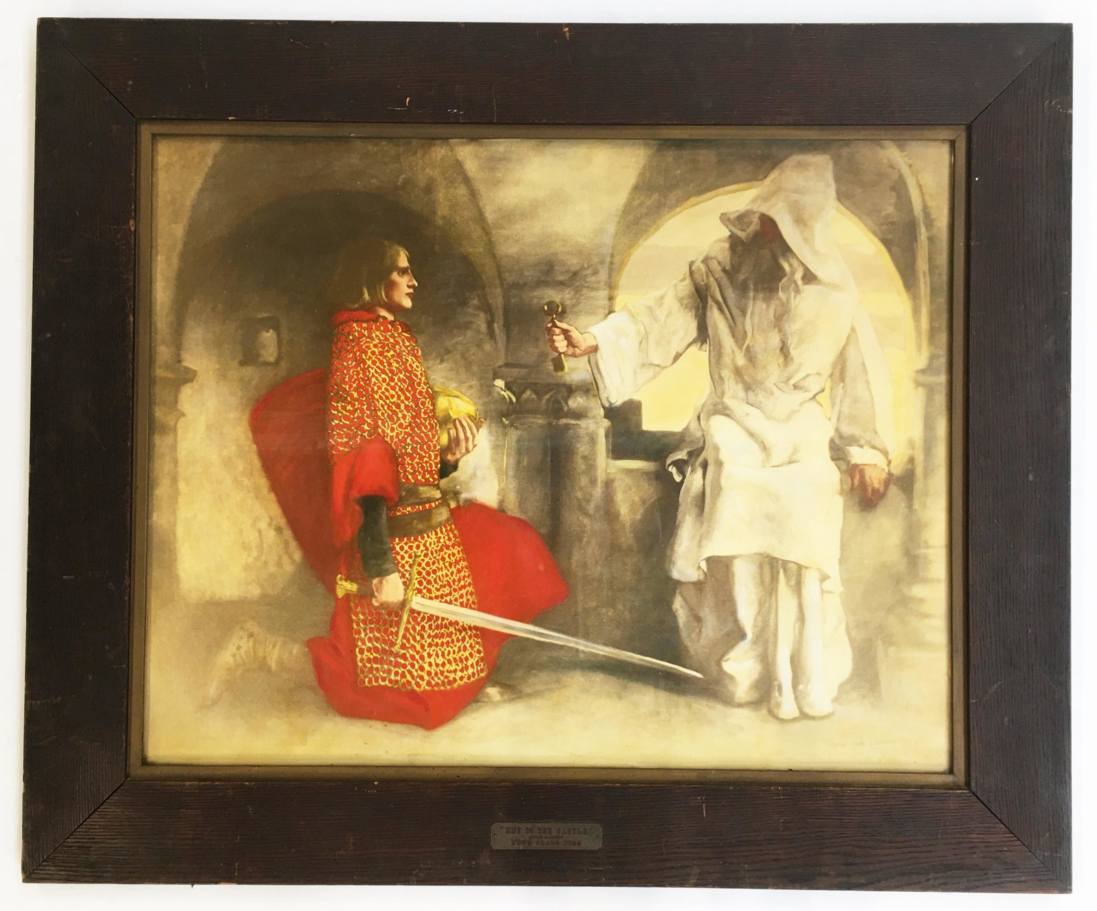 Edwin A. Abbey Print, "Key to the Castle".: Arts & Crafts, Hand-Colored. Presented as a Gift to a School, the June Class of 1934. Image Size Measures 24 1/2" x 31 1/4". The Frame Measures 33 1/2" x 40". Third-Party Shipping or Personal Pickup R