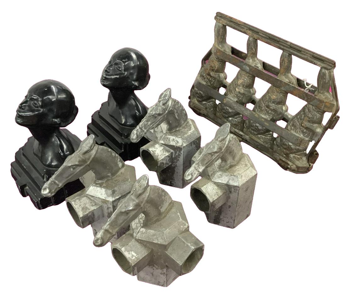 Lot: Vintage Gate Toppers, Bookends, Molds.: Horse gate toppers, Frankart bookends, and a rabbit-shaped chocolate Candy mold. Third-Party Shipping or Personal Pickup Required.