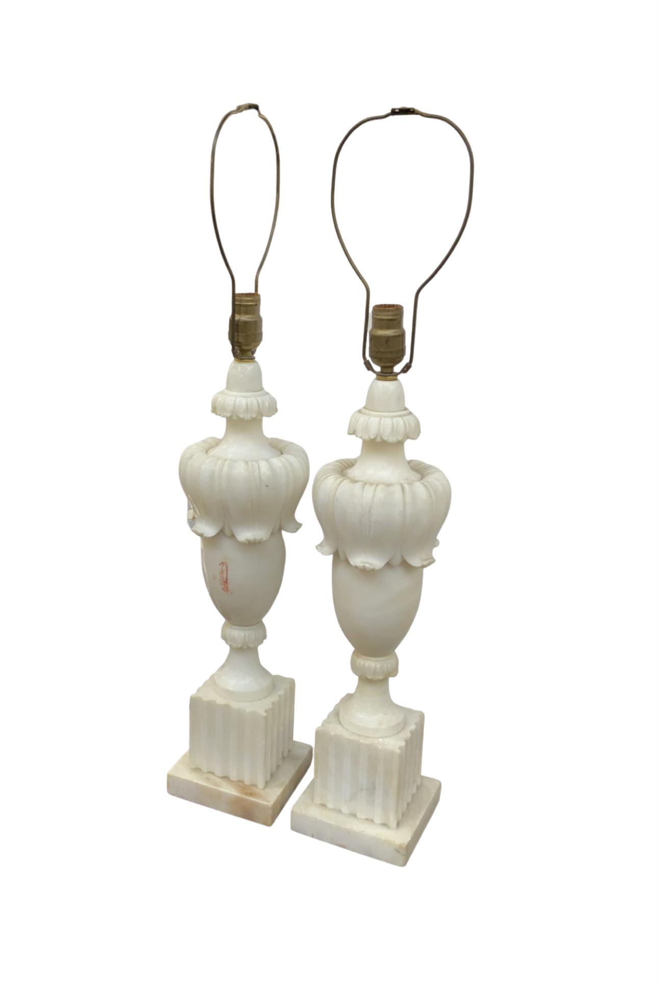 Pair of Vintage Alabaster Table Lamps.: They are very heavy, about 32" tall. Missing their finials, and need to be re-wired. Third-Party Shipping or Personal Pickup Required.
