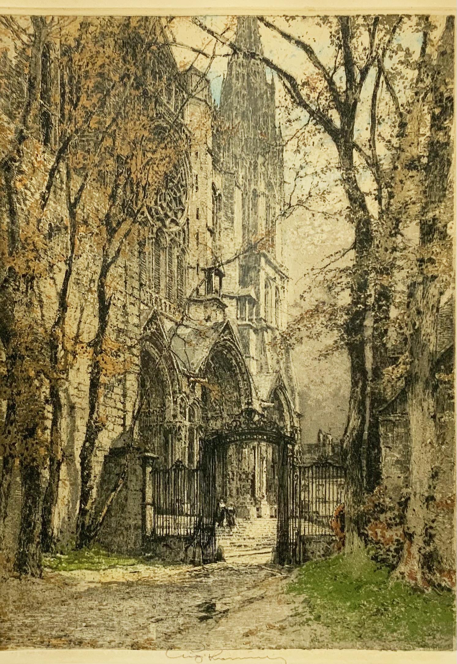 Luigi Kasimir Colored Etching of Cathedral.: Titled "Cathedral of Chartres". Signed in Pencil, Lower Middle. Impression Size Measures 17 1/2" x 12 1/2". The Frame Measures 24" x 18 1/2". Third-Party Shipping or Personal Pickup Required.
