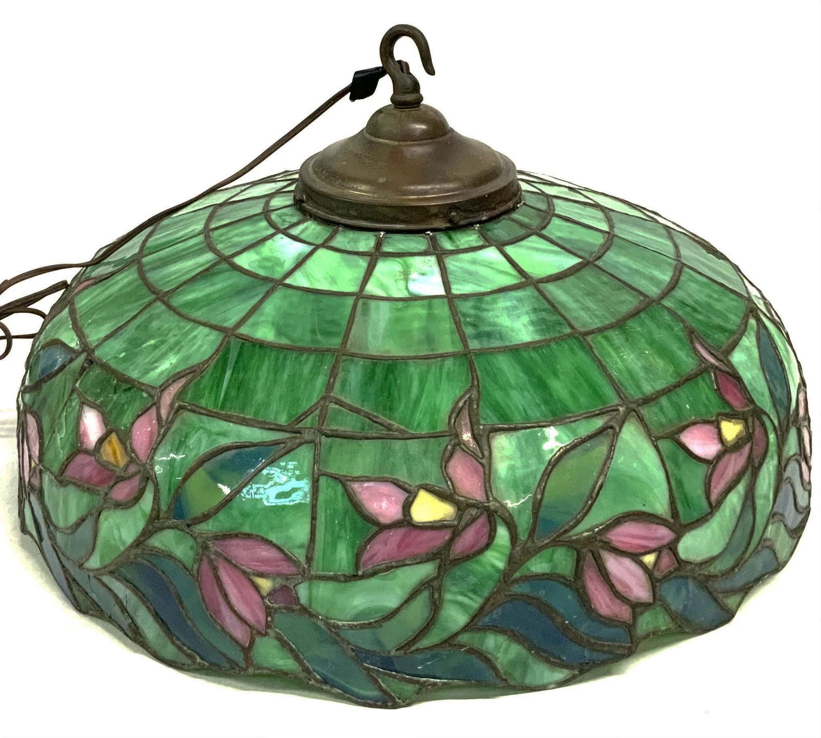 Antique Stained & Leaded Hanging Glass Lamp.: As Is - The Light Fixture Has Multiple Cracks on One Side, and Cracks Elsewhere. Still a Nice Stained Glass Shade. Measures 24" in Diameter, and 13" Long. Third-Party Shipping or Personal Pickup Requi