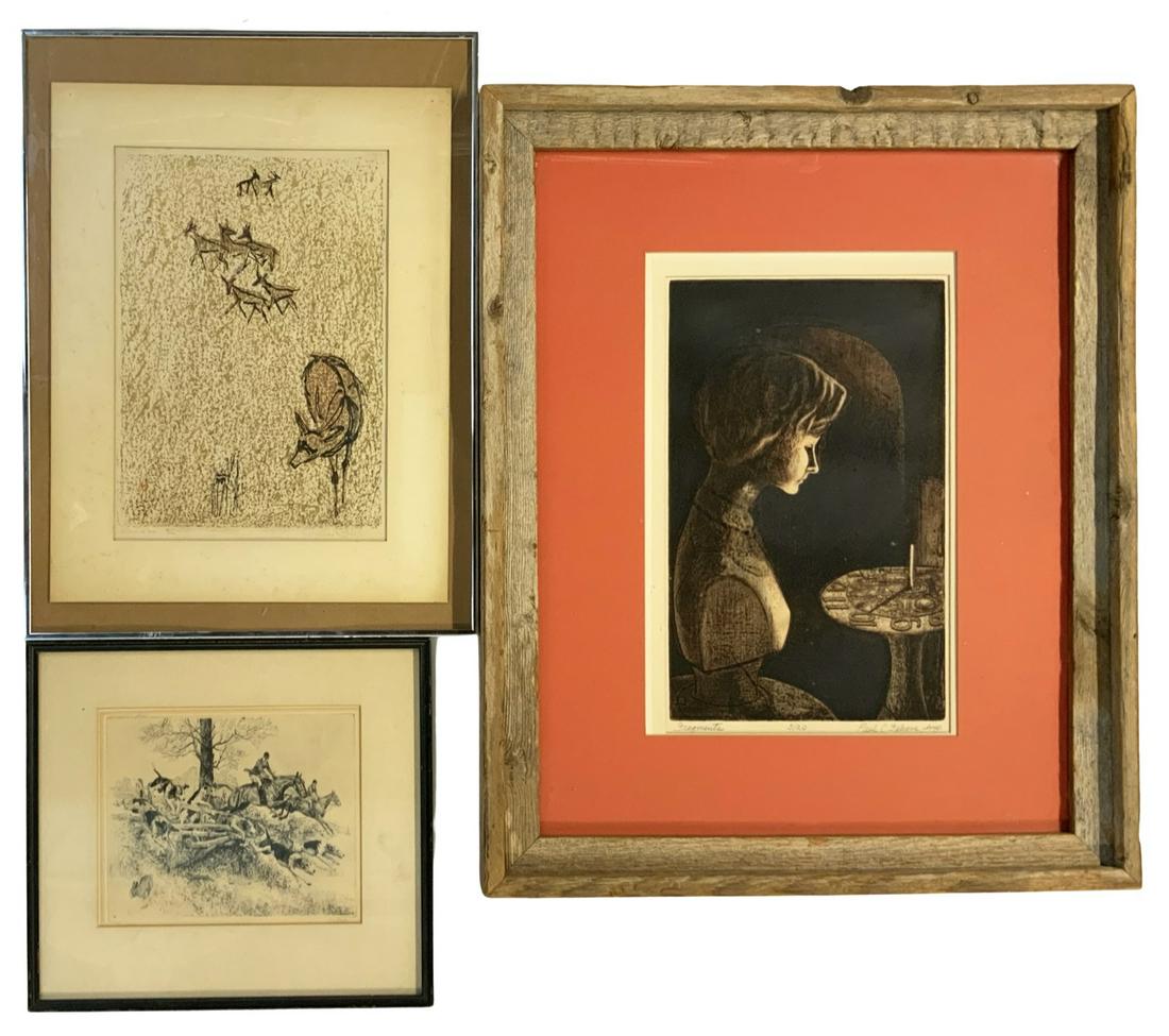 Lot: 2 Etchings and a Woodblock Print.: A Woodblock Print Titled "Glade" Pencil Signed Pearce Bates (Numbered 9 of 100, Print Size 14 3/4" x 10 1/4", Frame Size 24" x 18 1/4"). Also, a Brown & Bigelow Etching or Heliograph Signed in the Pri