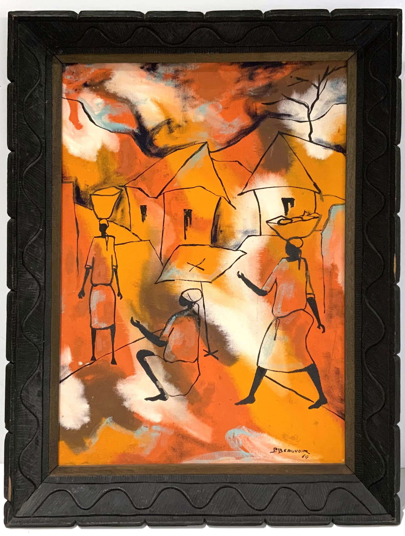 Paul Beauvoir Haitian Painting of Figures & Houses: Painting on Masonite, Signed Lower Right and Dated 1969? The Painting Measures 32" x 23 1/2". The Frame Measures 37 1/2" x 28 1/2". Third-Party Shipping or Personal Pickup Required.