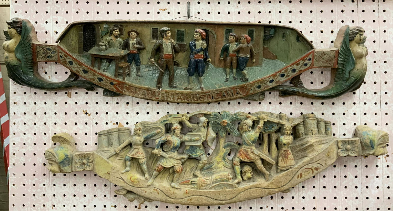 Lot of 2 Italian Donkey Cart Ornaments.: (Sicilian). There are Made of Wood, with a Metal Trim on Top. In Very Good Condition. One measures 34" Long, 8" Tall, and 2" Deep. The Other Measures 31 1/2" Long, 9" Tall, and 2" Deep. Third-Party Sh