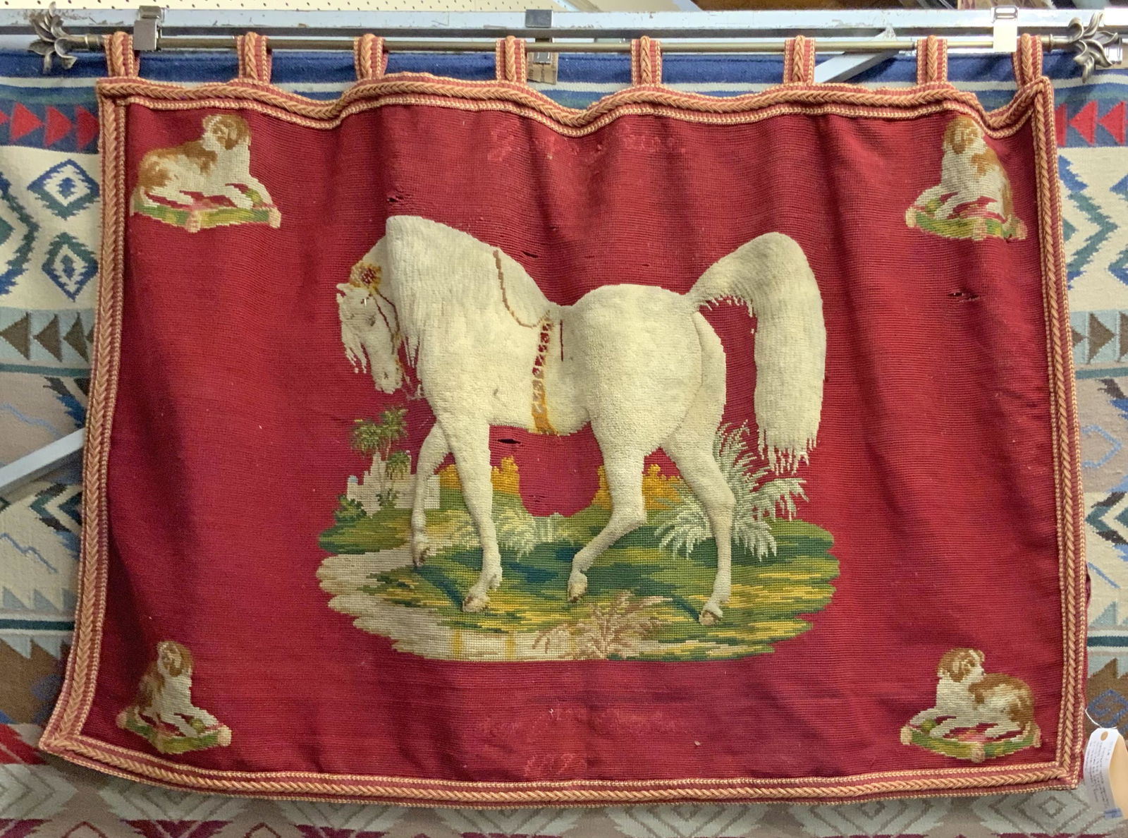 French Needlepoint Horse Tapestry Dated 1875.: Has Dog Designs in Each of the Corners. Has some Separations in the Coils (Can be Easily Sewn back Together). On a Rod. Measures 39" Long by 59" Wide. Third-Party Shipping or Personal Pickup Required,