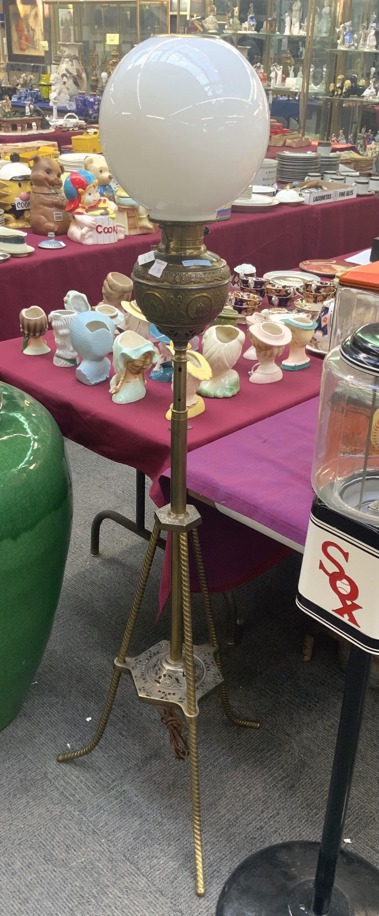58" Tall Antique Brass Electrified Piano Lamp.: Third-Party Freight Shipping or Personal Pickup Required.