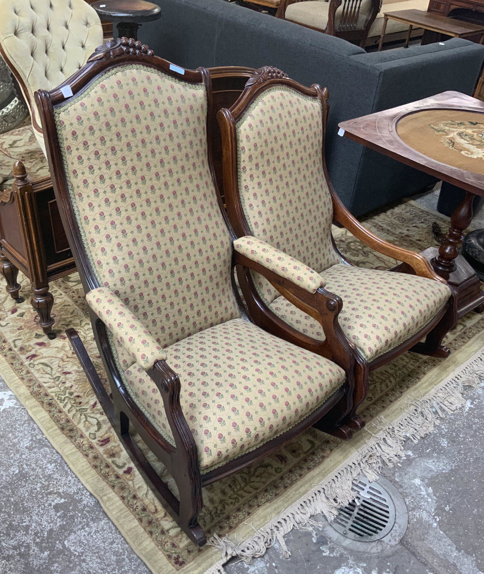 Pair of His & Hers Wood-Car ved Victorian Rockers.: Third-Party Freight Shipping or Personal Pickup Required.