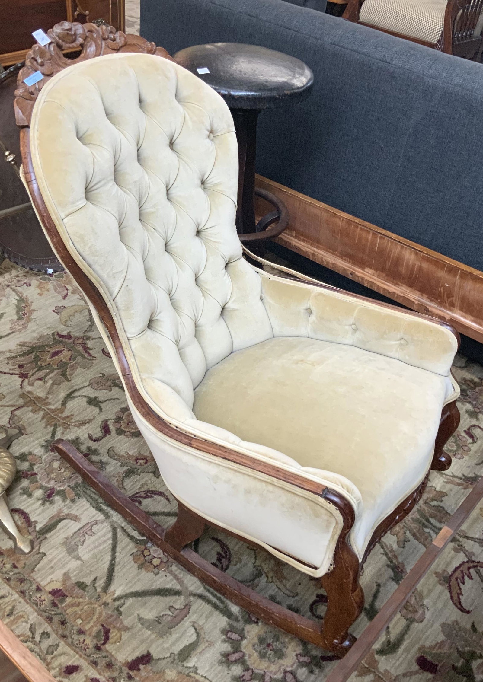 Beige Upholstered Wood-Carved Victorian Rocker.: Third-Party Freight Shipping or Personal Pickup Required.