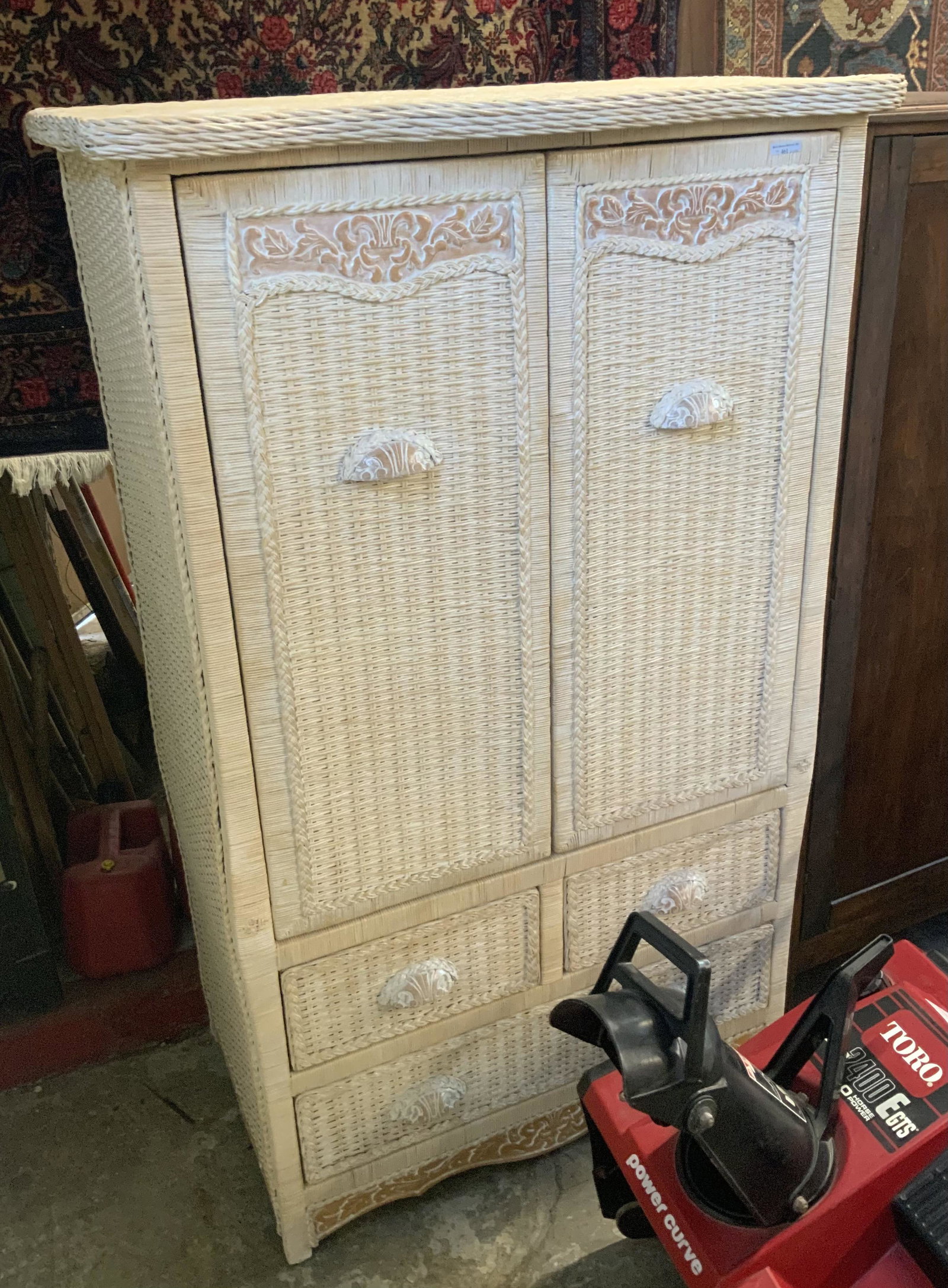 62" Tall by 38" Wide Wicker Cabinet.: Third-Party Freight Shipping or Personal Pickup Required.