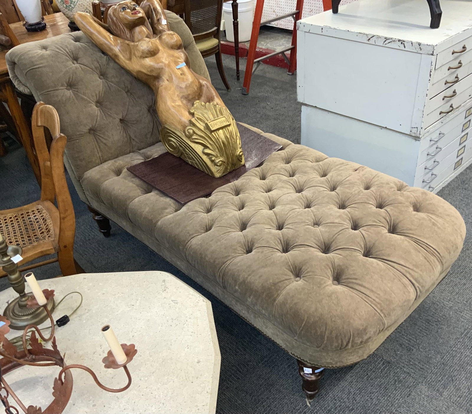 Brown Tufted Upholstered Chaise Lounge.: Measures 72" Long and 33" Wide. It Sits 17" off of the Ground. Third-Party Freight Shipping or Personal Pickup Required.