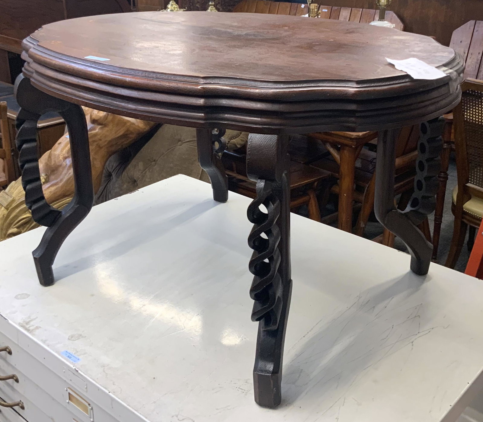 Mahogany End Table w/Handmade Legs.: Measures 34" Wide, 25" Deep, and 20" Tall. Third-Party Freight Shipping or Personal Pickup Required.