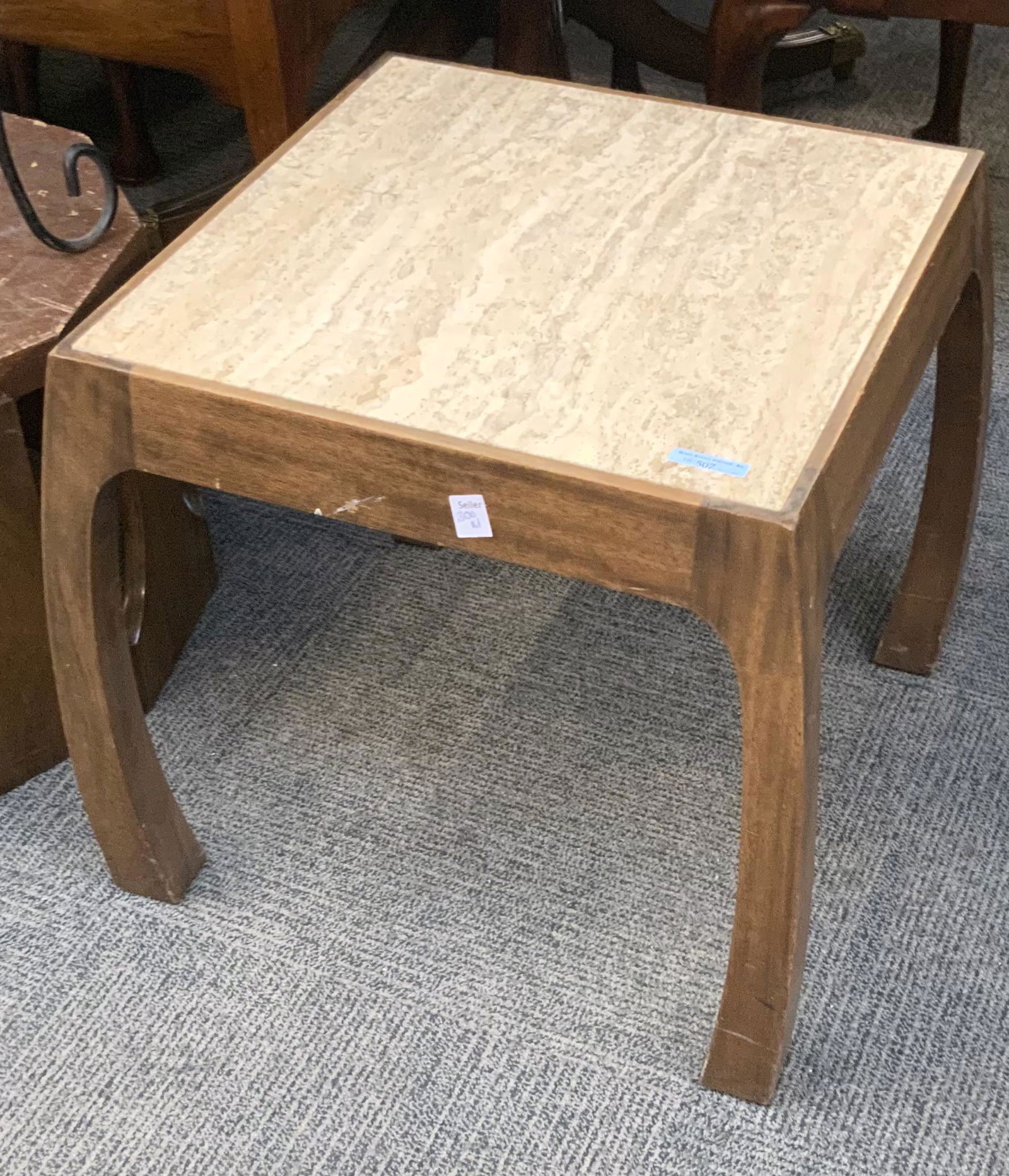Mid-Century Travertine Top Table w/Curved Legs.: Measures 18" Wide, 18" Deep, and 18" Tall. Third-Party Shipping or Personal Pickup Required.