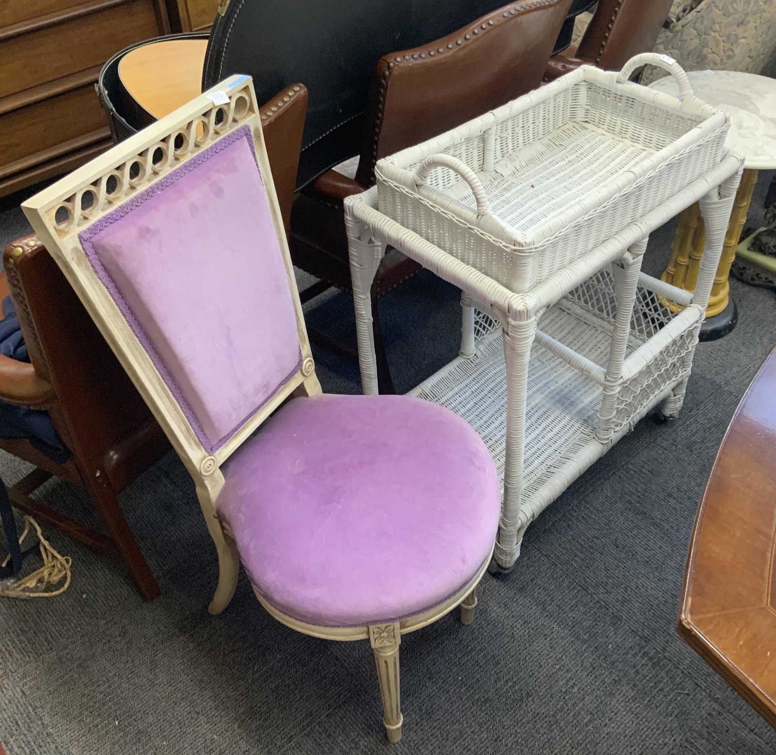 Wicker Cart on Wheels with Basket Top.: Also, an Upholstered Ladies' Side Chair. The Wicker Cart Measures 24" Wide, 16" Deep, and 31" Tall. Third-Party Freight Shipping or Personal Pickup Required.