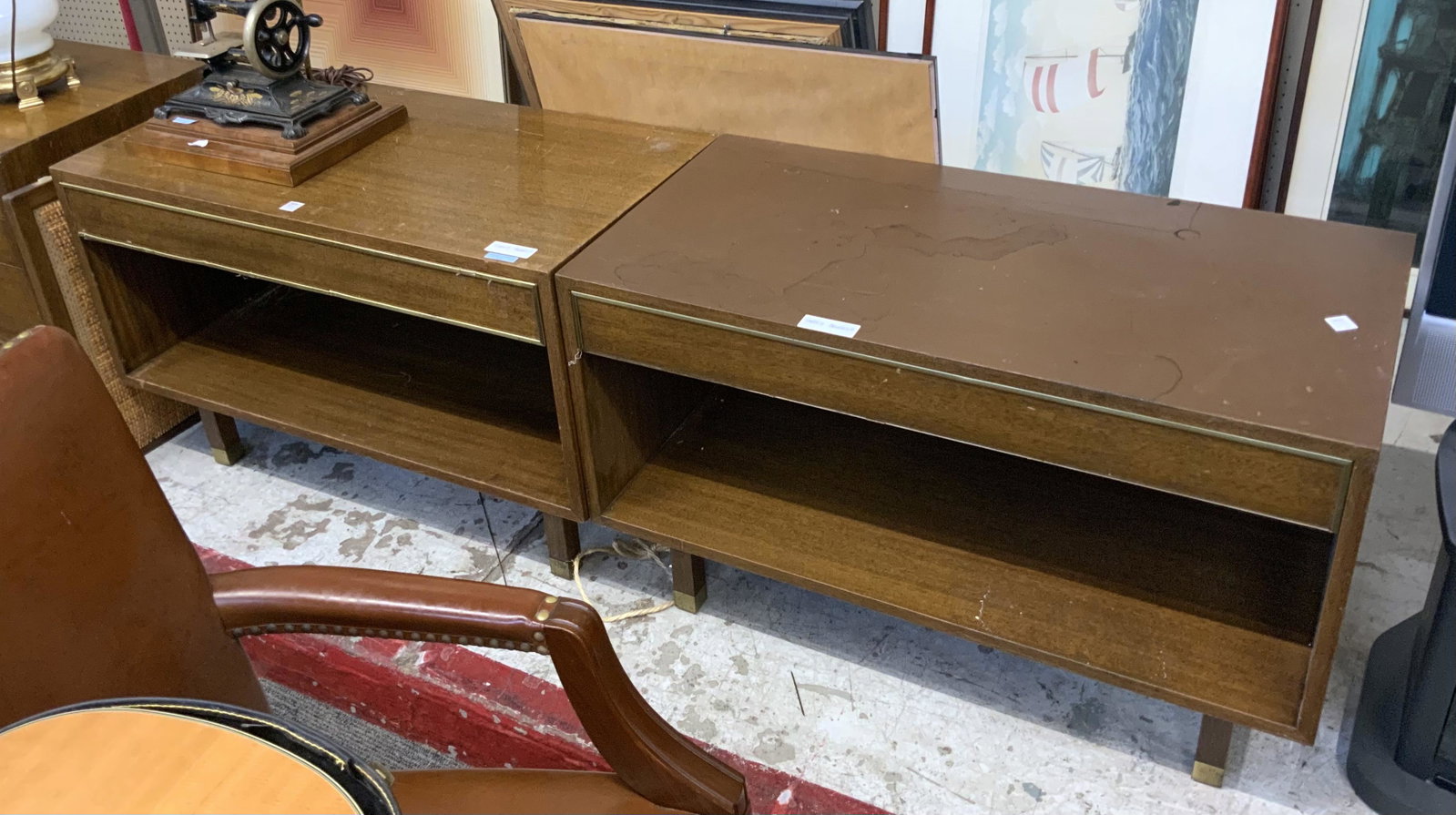 Pair of AS IS Harvey Probber Mid-Century Cabinets.: With Top Drawers. One is Painted on the Top, and the Bottom Metal Trim on the Drawer is Missing. Measures 36" Wide, 22 1/2" Tall, and 18" Deep. Third-Party Freight Shipping or Personal Pickup Required