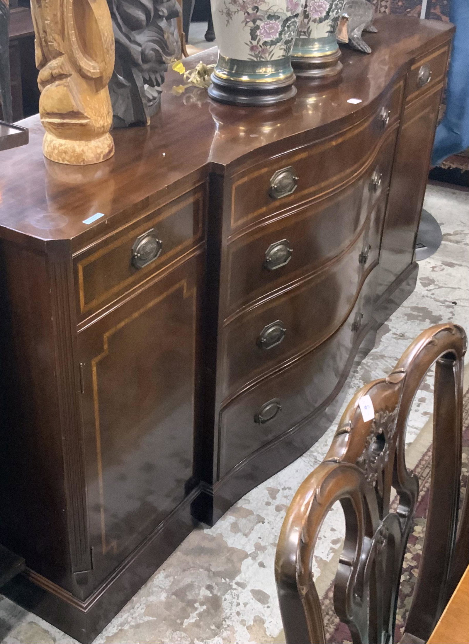 Banded & Inlaid Mahogany Buffet w/Curved Front.: Signed Irwin. Has a Few Water Rings on the Top. Measures 72" Wide, 36" High, and 22" Deep. Third-Party Freight Shipping or Personal Pickup Required.