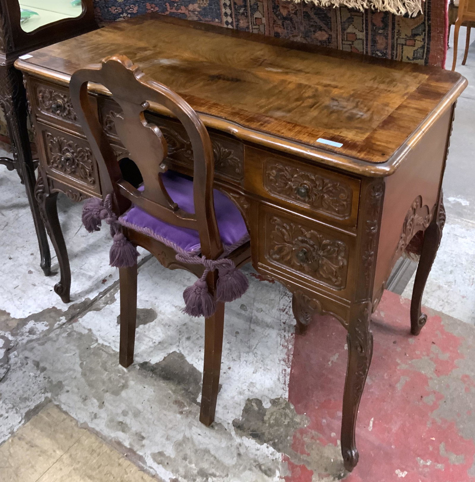 French-Carved Vintage Desk with Matching Chair.: The Desk has a bit of Discoloration on the Top. Measures 37 1/2" Wide, 30" Tall, and 20" Deep. Third-Party Freight Shipping or Personal Pickup Required.