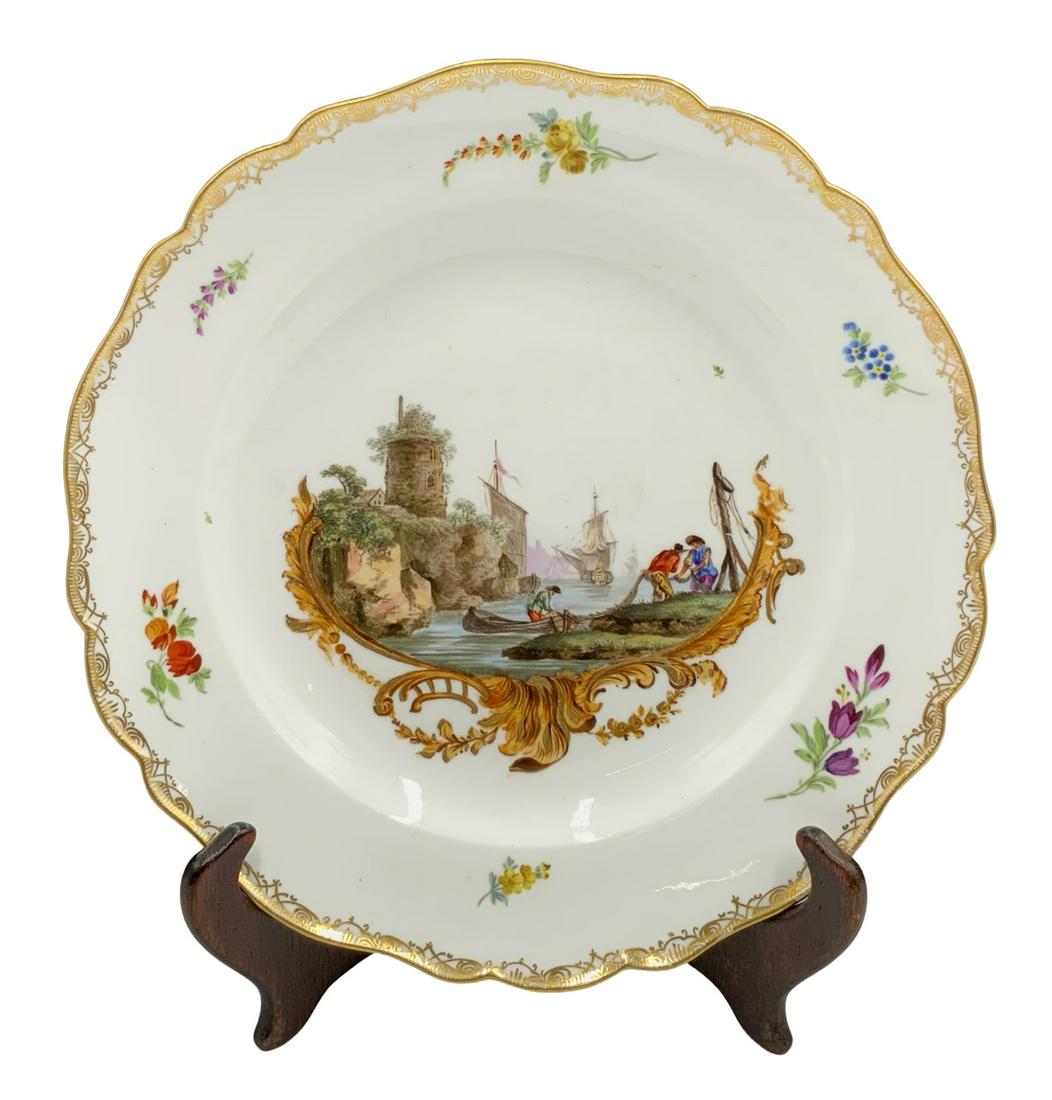 Antique Meissen Hand-Painted Nautical Scene Plate.: With Floral Decorations around the Edges of the Plate. Circa 1774. This Fine Porcelain Cabinet Plate is in Excellent Condition, and Measures 9 1/4" in Diameter. Third-Party Shipping or Personal Pickup