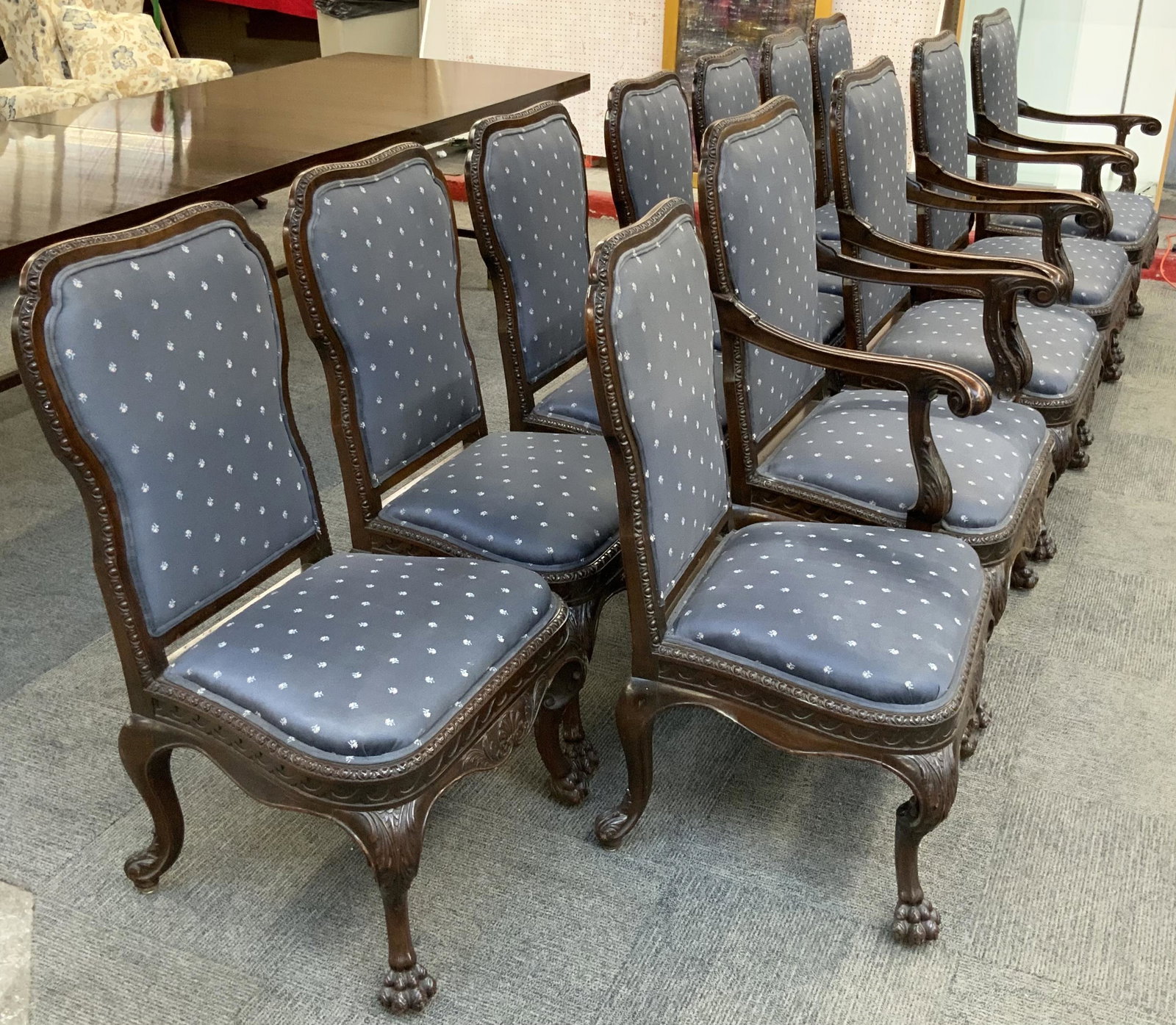 Set of 12 Pawfoot French-Style Dining Chairs.: Four of these have Arms, so this Could be Broken up into Two 6-Chair Sets. The Arms, Legs and Feet have a Little Wear here and There, but they are in Good Overall Condition. The Straight Back Chairs M