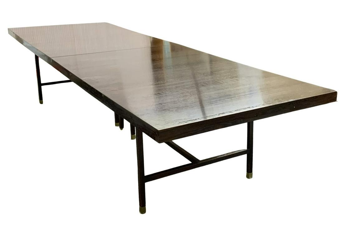 Modern Rosewood Large Dining Table.: Or Conference Table. Measures 44" Wide, 29" High, and 12' Long. Comes with an Additional Leaf (A Bit Battered, Not Pictured), which adds 16" of Length. The Table has Gnawing on Each of the Four Corner