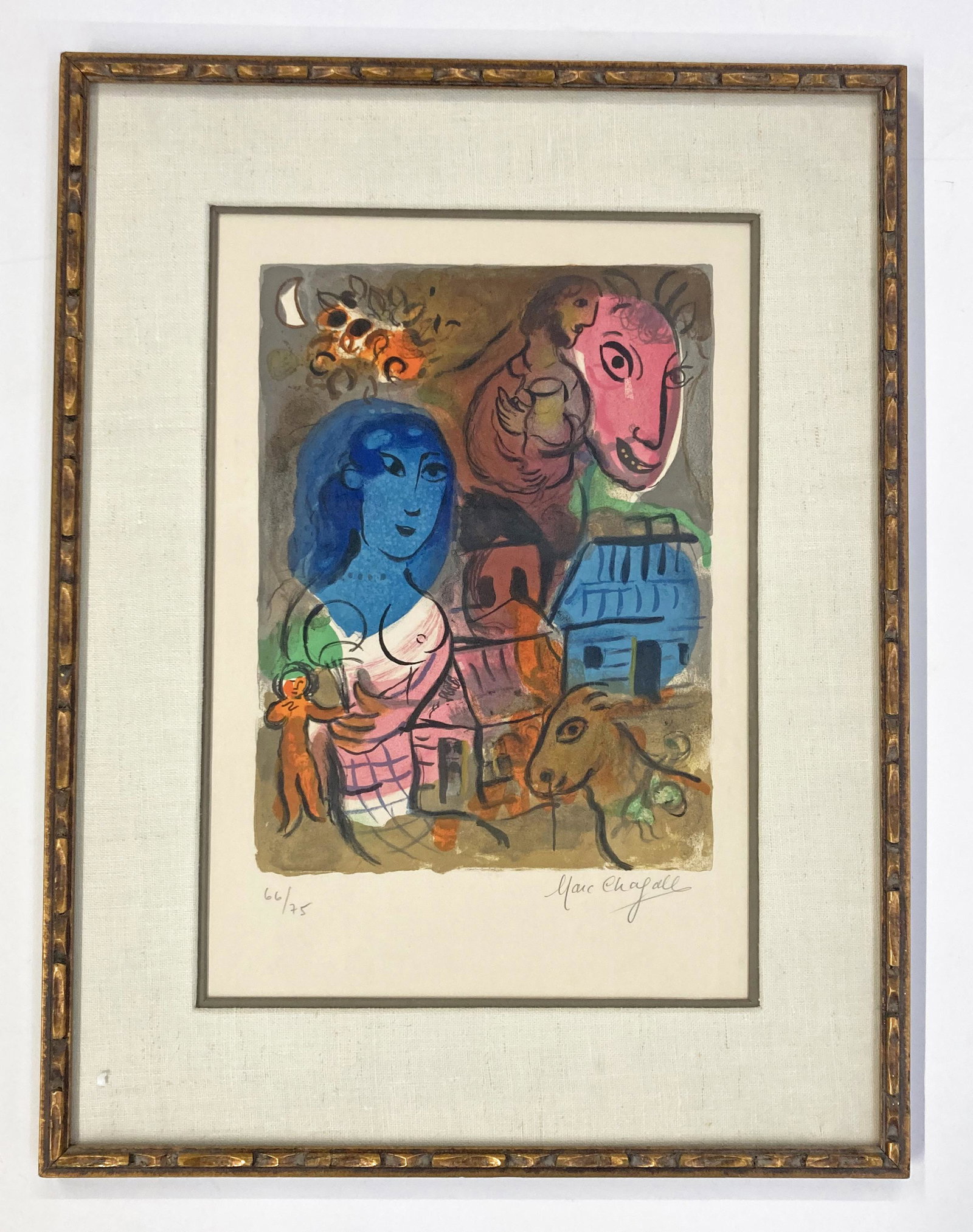 Pencil-Signed Marc Chagall Color Lithograph.: Titled "Antilopa Passengers". From a Limited Edition of 75, this is Number 66. Hand-Signed in Pencil, Lower Right, and Numbered Lower Right. Image Size Measures 12 1/2" x 9 3/8". Frame Size Measures 2