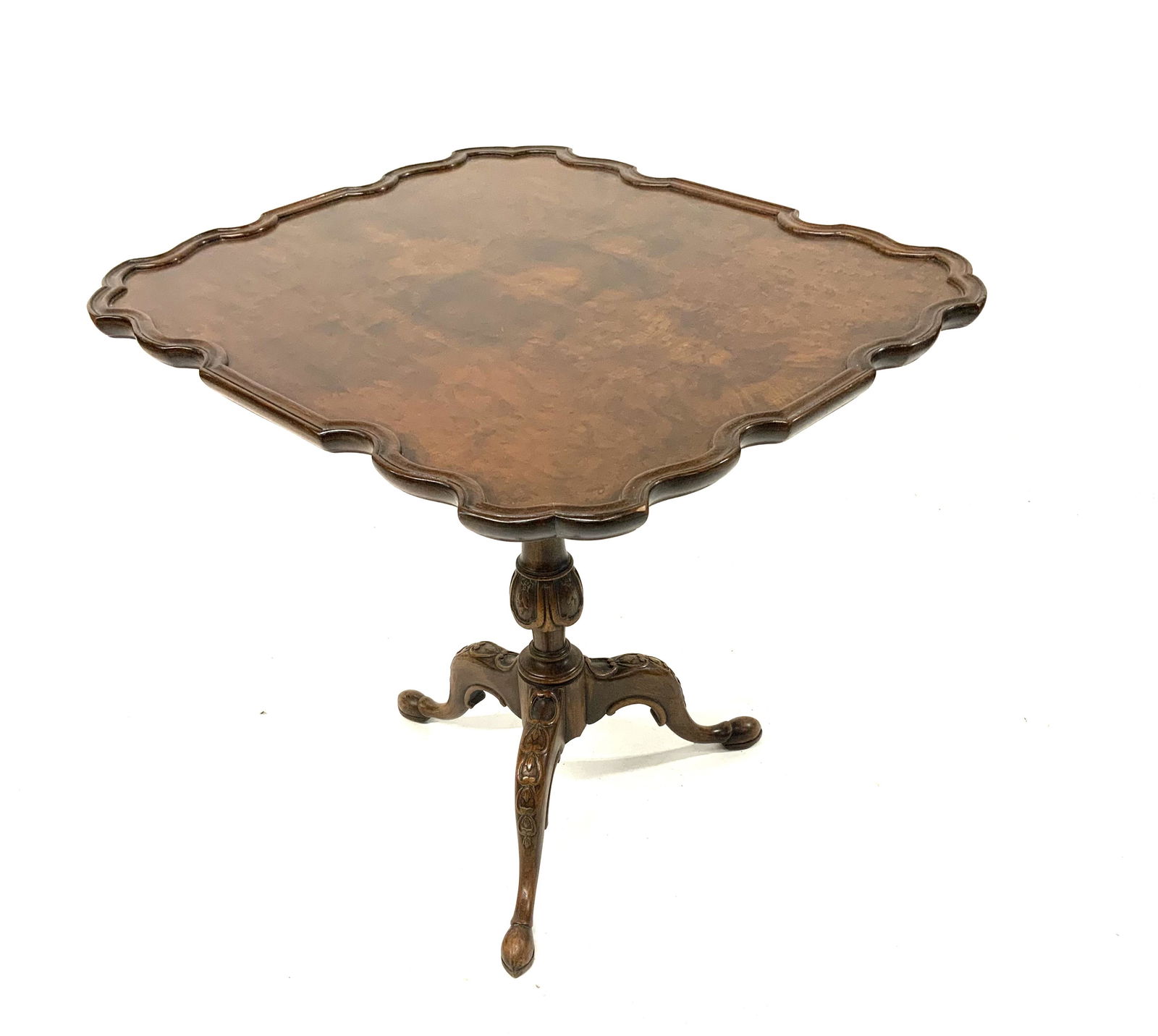 Carved Antique Tilt-Top Table.: With a Burled Walnut Top, and a "Bird Cage" Design Tilting Mechanism. The Table has a Little Wear on the Edges. The Surface Measures 26 5/8" x 30", and it Stands 29 1/2" Tall. Third-Party Freight Ship