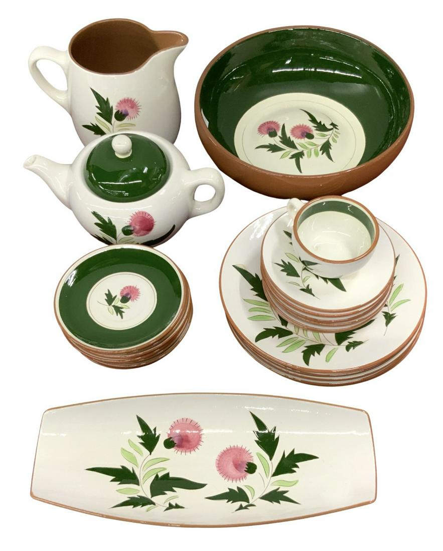 Set of Stangl Pottery "Thistle" Dinnerware.: Hand painted, in very nice condition. The salad bowl is the largest piece, measuring 12" in diameter. Third-Party Shipping or Personal Pickup Required.
