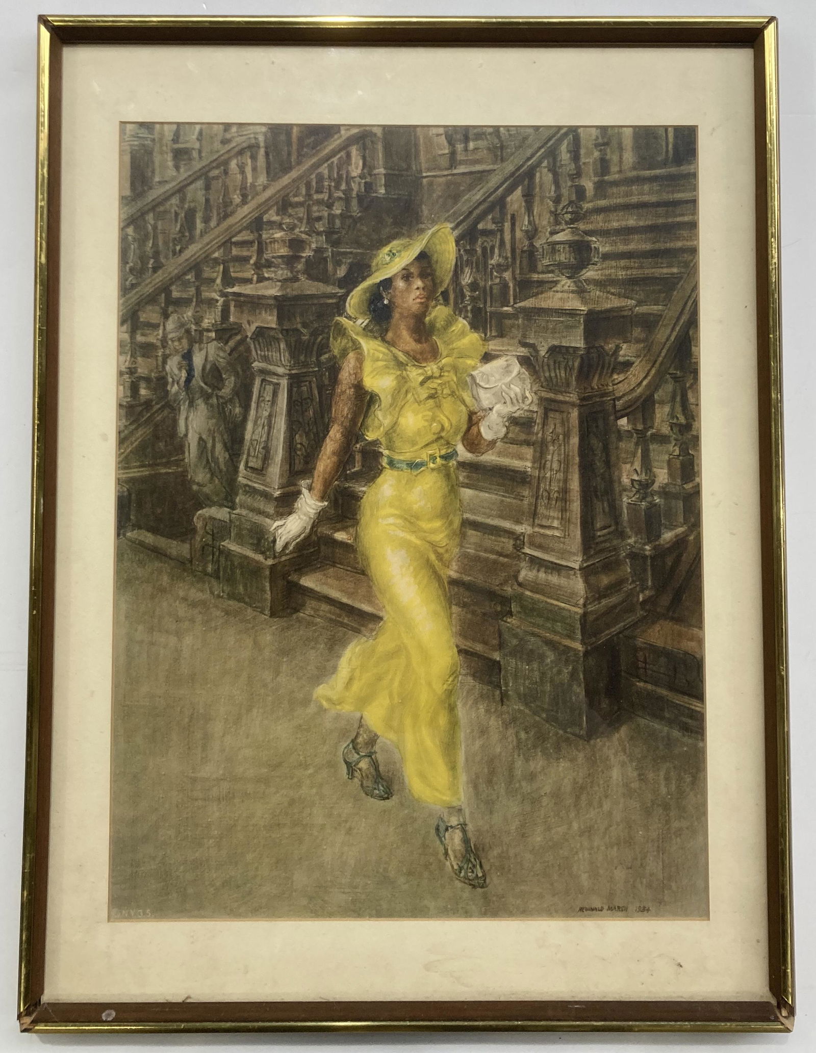 Reginald Marsh Print of Woman in Yellow Dress.: The African American Woman is Striding through the Street, Smartly Dressed. Signed in the Print. The Image Size Measures 19 1/2" x 14 1/2". The Frame Size Measures 25" x 19 1/4". Third-Party Shipping