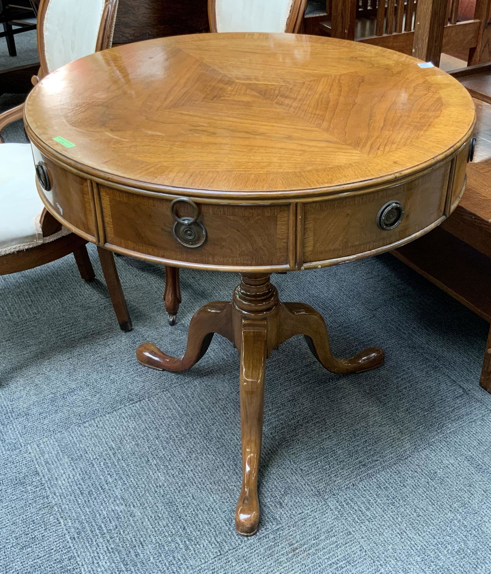 Medium Wood Vintage Drum Table.: The Table Measures 29" High and 30" in Diameter. It has a Little Wear, but is in Good Overall Condition. Third-Party Freight Shipping or Personal Pickup Required.