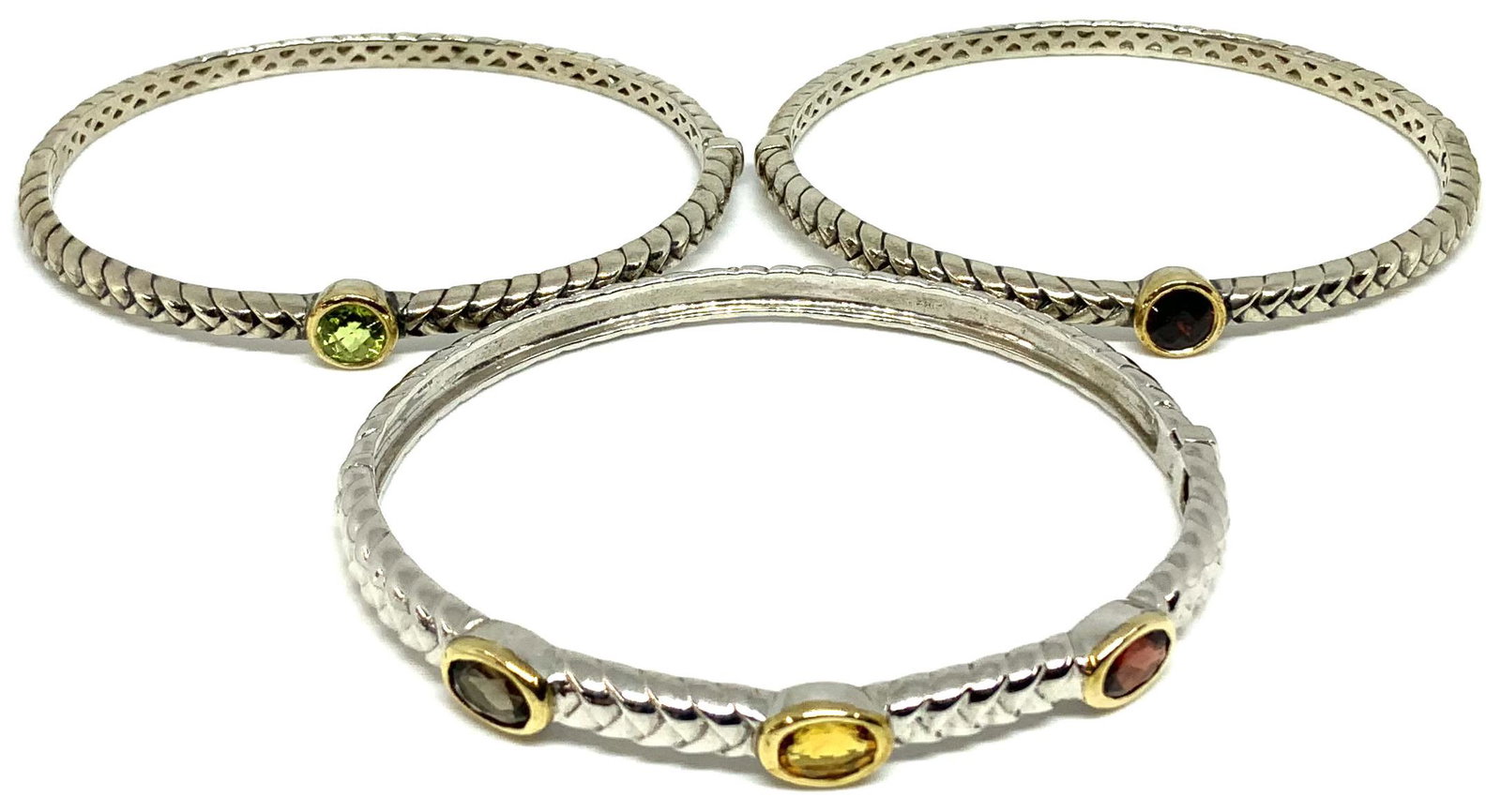 Lot of 3 Sterling & 14K Gemstone Bangle Bracelets.: The Interior Circumferences on these Measure appx. 6 1/2" to 6 3/4". Two are Marked "T & C". One Bracelet has a Single Peridot (6mm Diameter), One has a Single Garnet (6mm Diameter), and One has a Cit