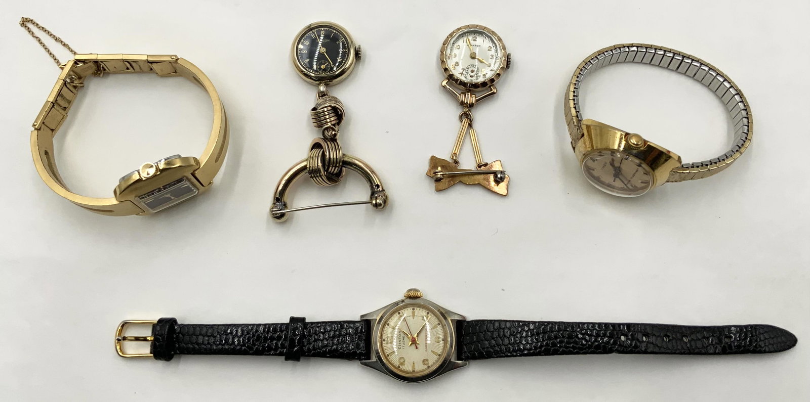 Lot of Ladies' Mechanical Watches, all Ticking.: All are Vintage. Includes a Clinton Lapel Watch, an Avalon Lapel Watch, a Timex, a Clinton 17-Jewel Shock Protected Watch (Cracks / Scratches in the Crystal), and a Seiko. Most of these are in Pretty 